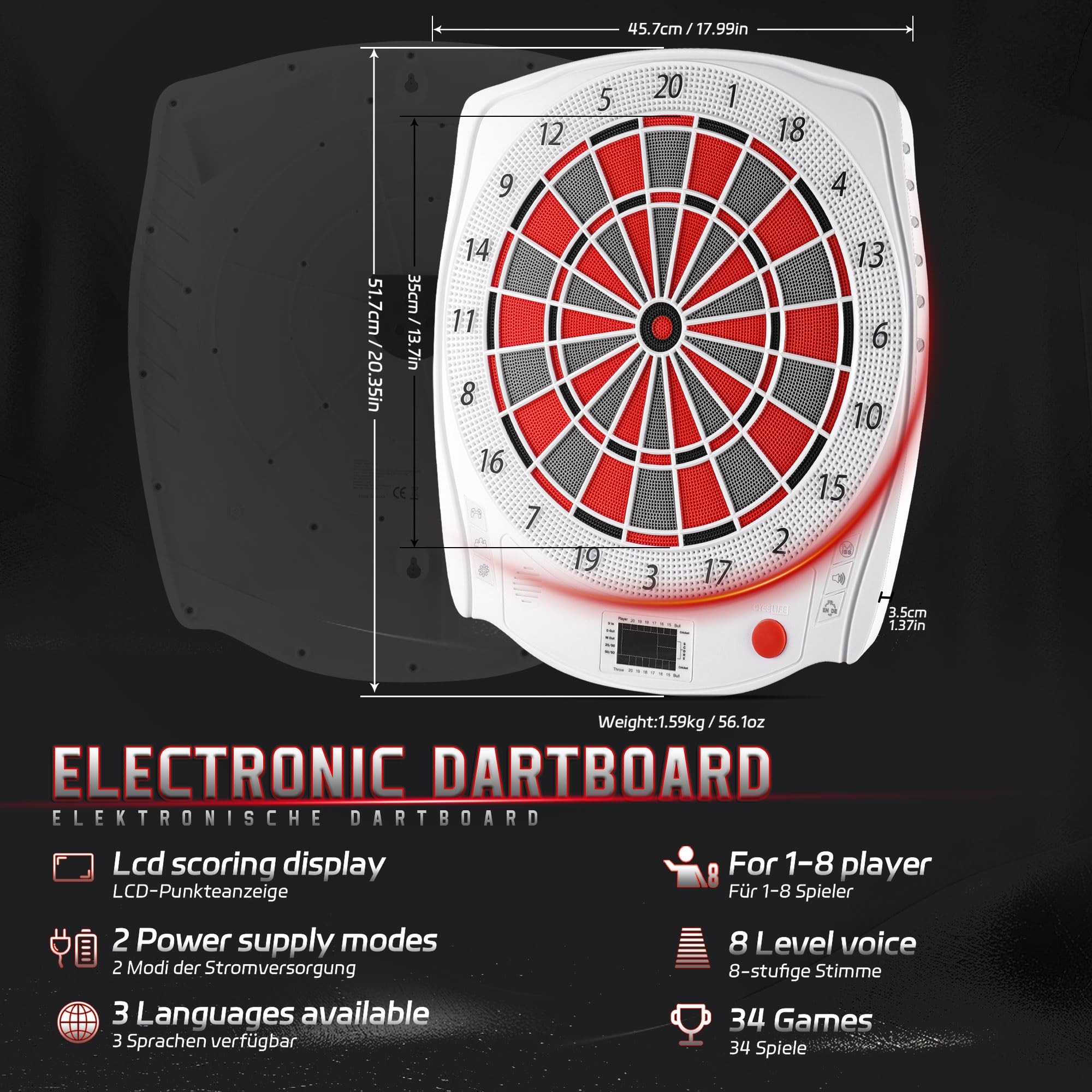CyeeLife Diana electrónica Profesional con Dart Throw Line, 34 Juegos y 355 variaciones, Diana Profesional para baterías/Adaptador para 1 a 8 Jugadores con 12 Dardos - No Data Cable ！
