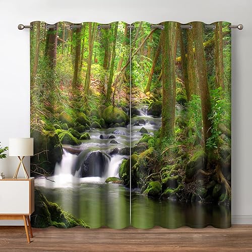 Jekeno Cortinas opacas de bosque árboles verdes montañas de la selva arroyo cascada rocas musgosas decoración de paisaje natural dormitorio sala de