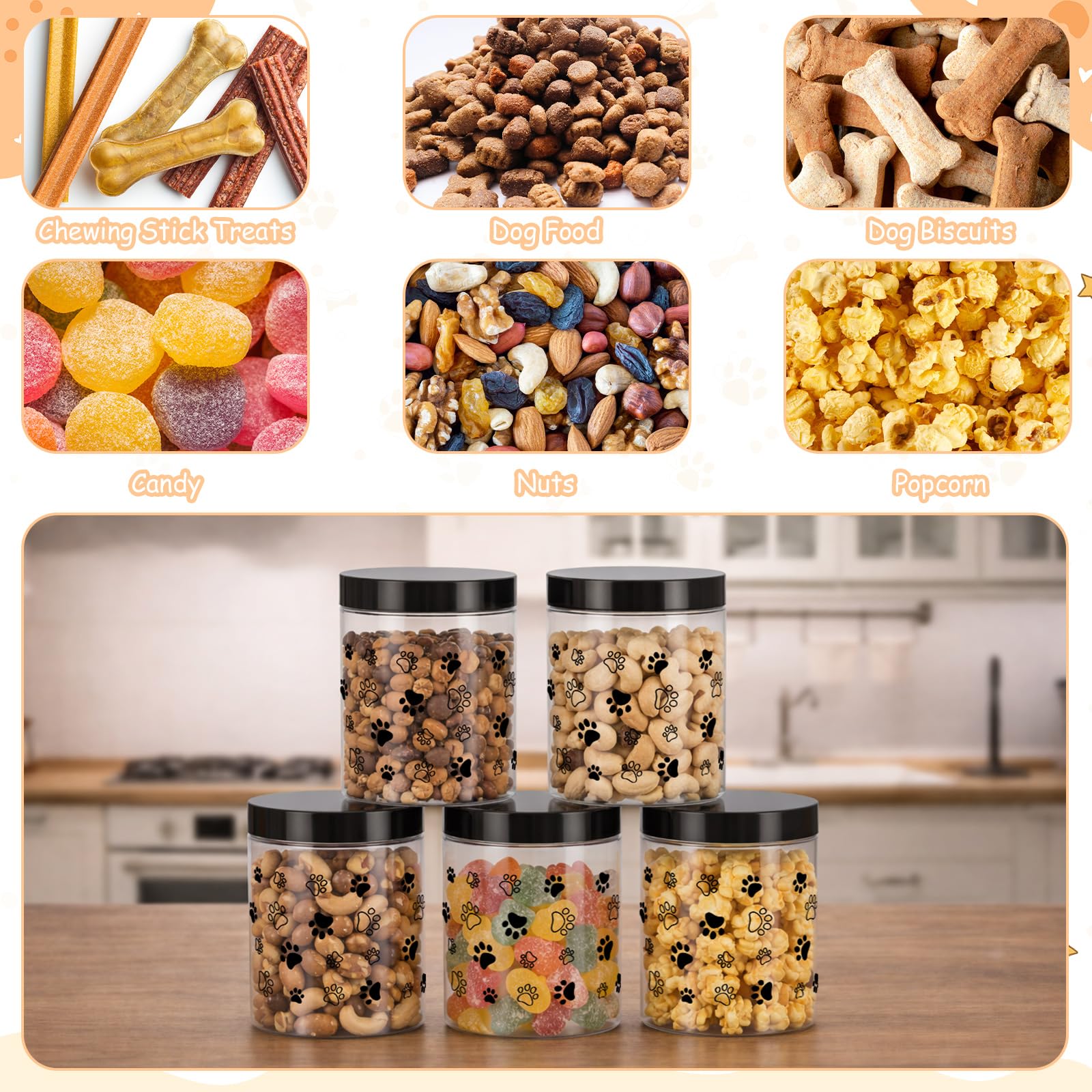 Suclain Confezione da 12 barattoli in plastica da 226,8 g, con coperchio con etichette per osso, piccoli contenitori vuoti trasparenti per alimenti secchi, snack, snack per cani, gatti, feste di