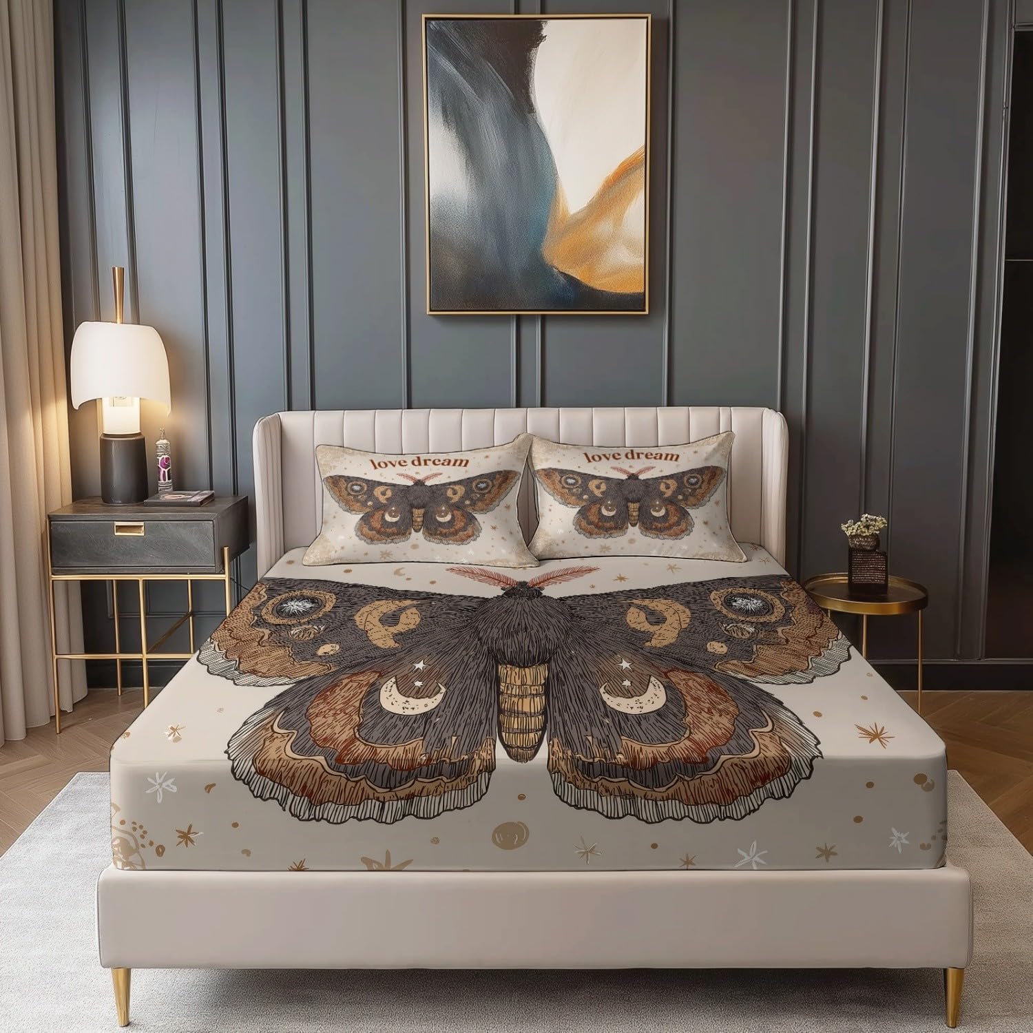 Drap-Housse Bohème Rétro Papillon Étoiles pour lit Double, Brun Motif Microfibre Doux avec Bord élastique, 150 x 200 cm Parfait pour Chambre d'enfant - Draps Housses Bonnet 30cm