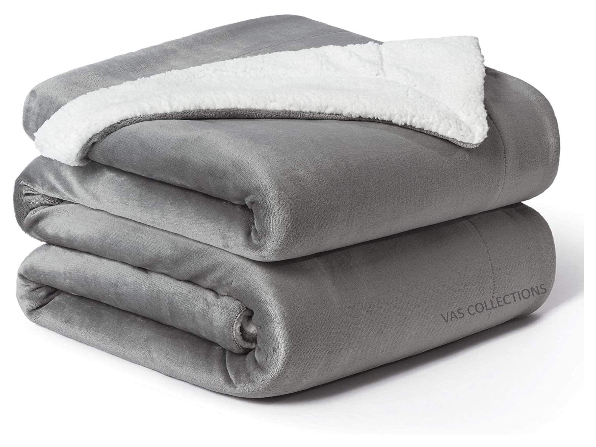 VAS COLLECTIONS Polyester Micromink Summer AC Blanket Sherpa Super Soft Flannel Solid/Plain AC Dohar/Comforter, Silver & Grey, Size 220 x 230 Cms (Approx 7.6 x 7 ft) (Double), Reversible