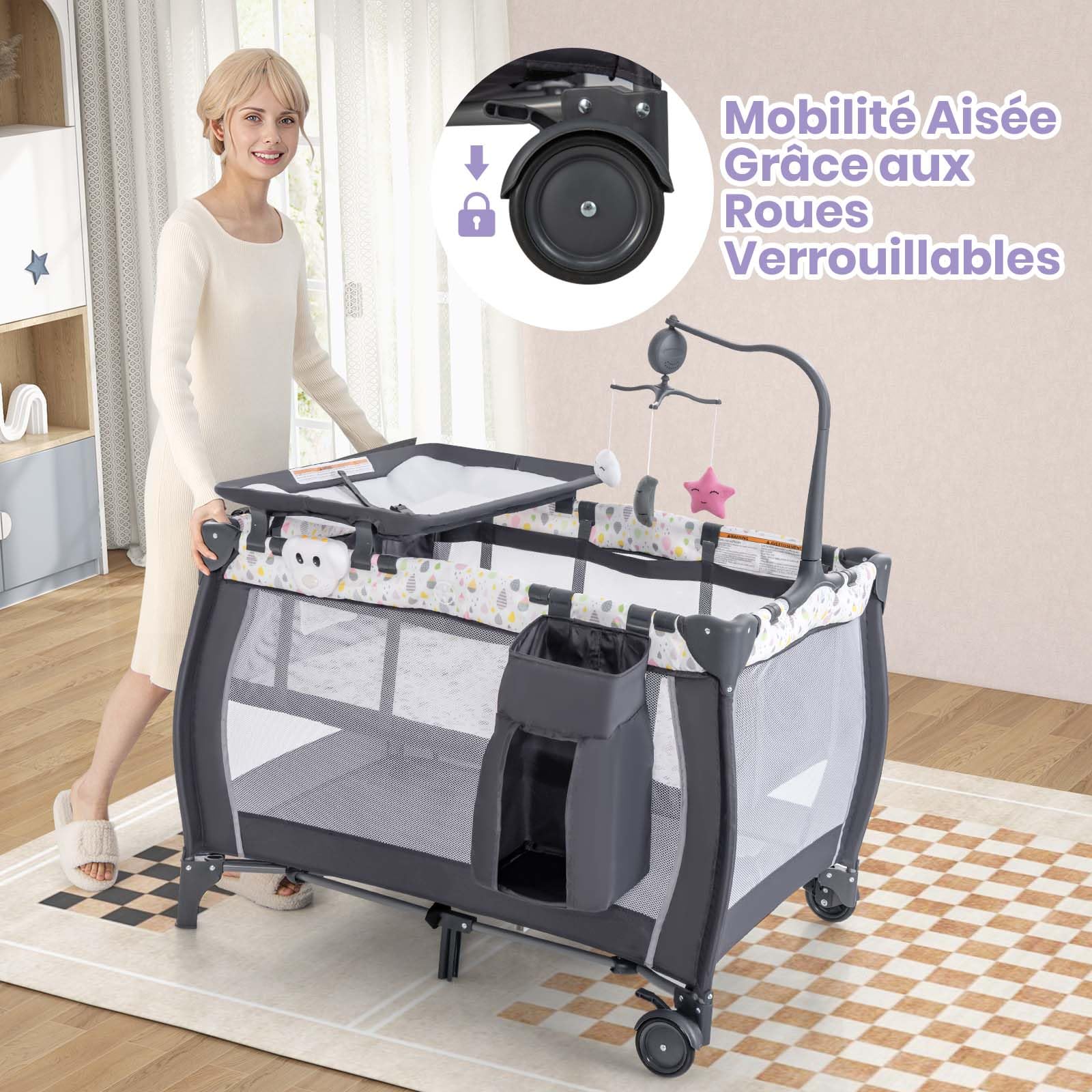 DREAMADE 3 en 1 Lit Parapluie Bébé 125x65x76CM avec Matelas Lit de Voyage Tout-Petites 0-3 Ans avec Porte-Couche&Roue Verrouillable&Table à Langer&Boîte à Musique,Charge 15KG (Gris+Goutte d'eau)