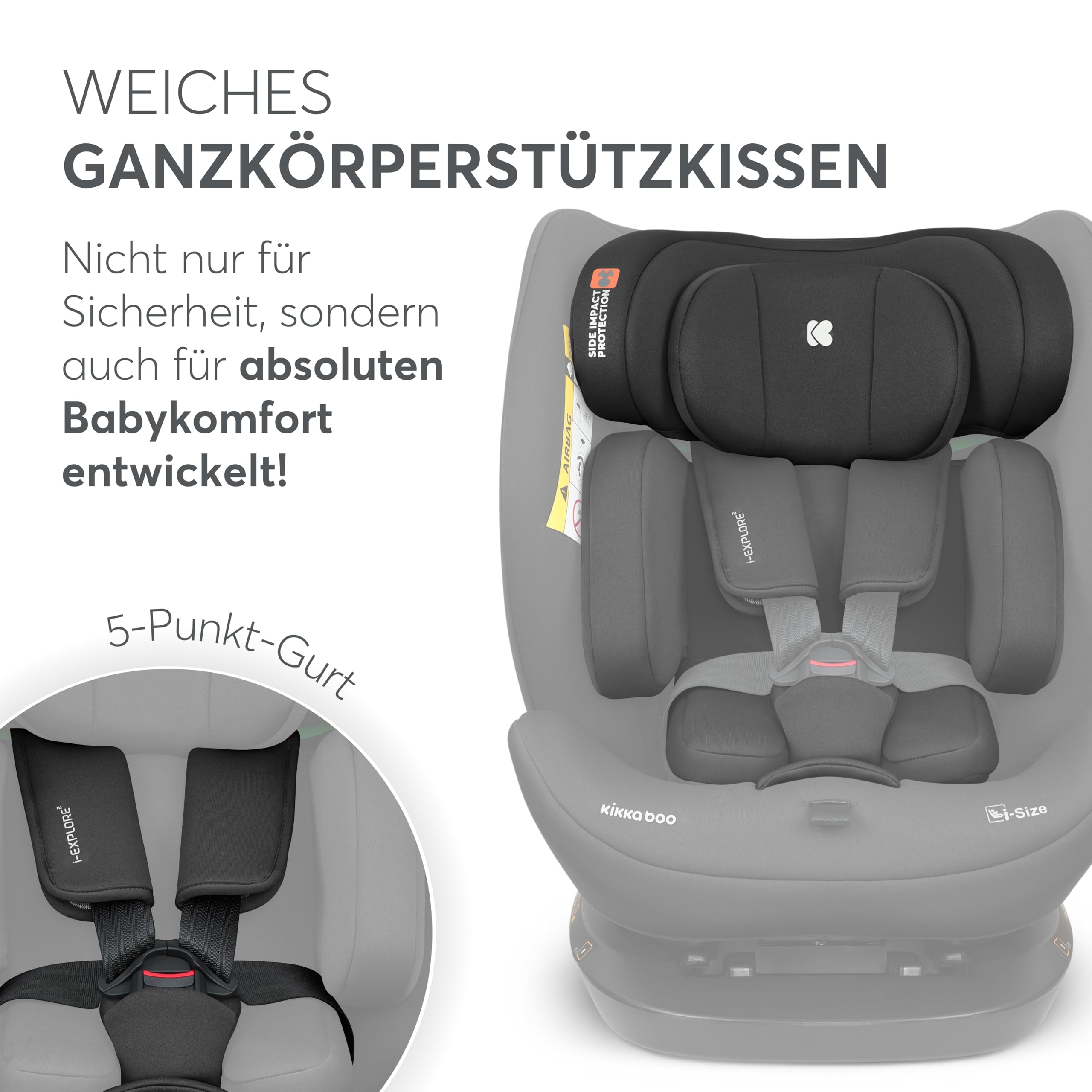 KikkaBoo Kindersitz 9-36 kg i-EXPLORE 2, 40-150 cm, Gruppe 0 1 2 3, i-Size, Rückwärts & Vorwärts, Liegesitz, 14-fach Kopfstütze, 5-Punkt-Gurt, Schwarz