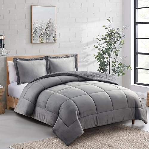 Miniatura 7 de Sweet Home Collection Juego de edredón Sherpa de 3 piezas tamaño Queen, conjunto de ropa de cama de felpa con textura de sherpa suave y fundas a