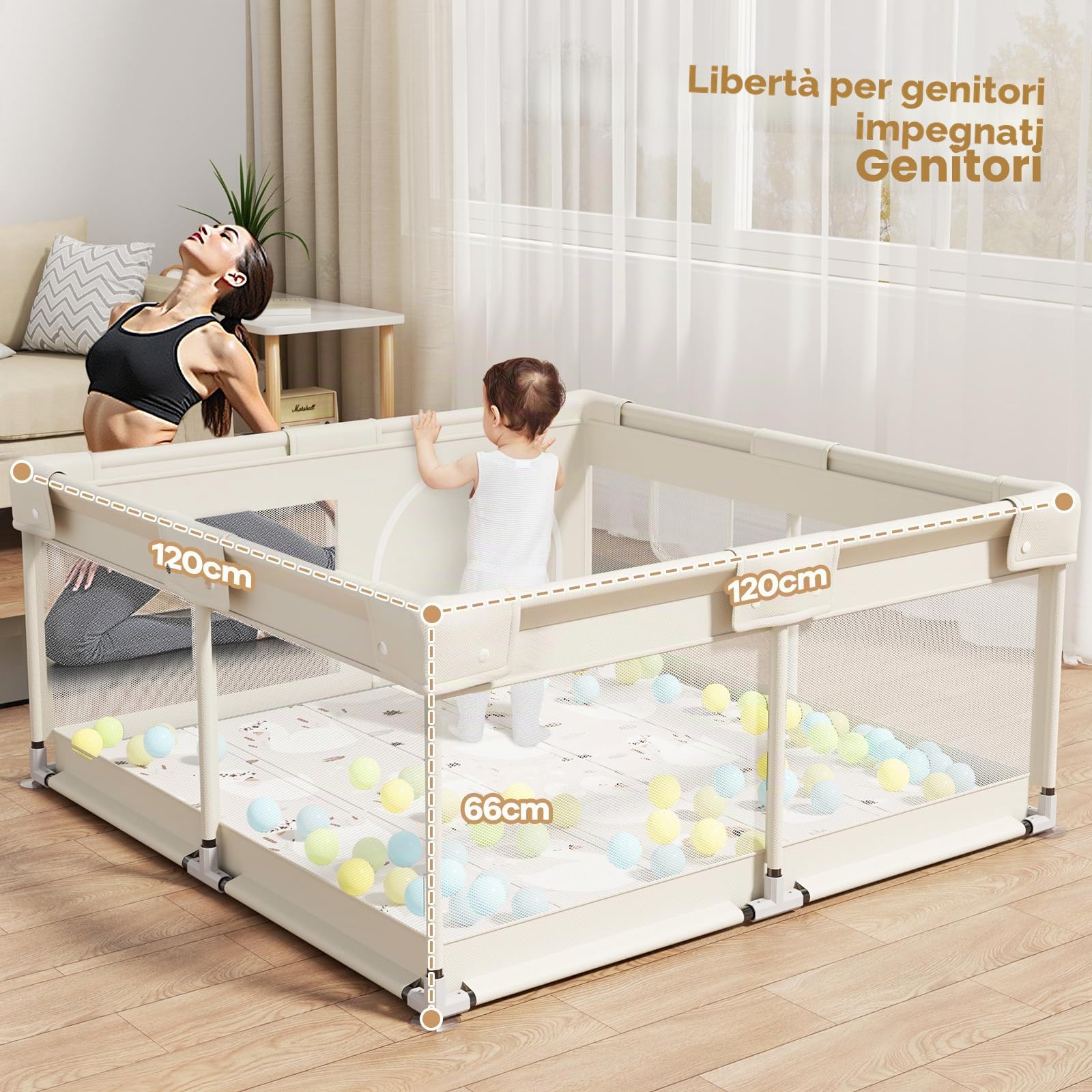 Box Bambini 120x120cm Beige Recinto Neonato con Rete Traspirante e Ventose