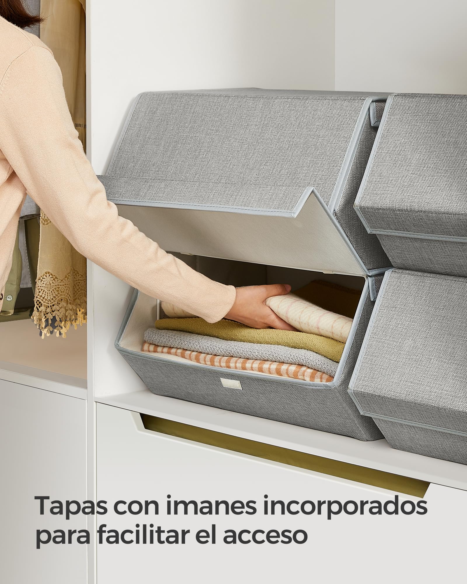 SONGMICS Juego de 4 cajas de almacenamiento con tapas, organizadores de almacenamiento apilables para armario, contenedores de almacenamiento con cierres magnéticos, unidad de almacenamiento de tela