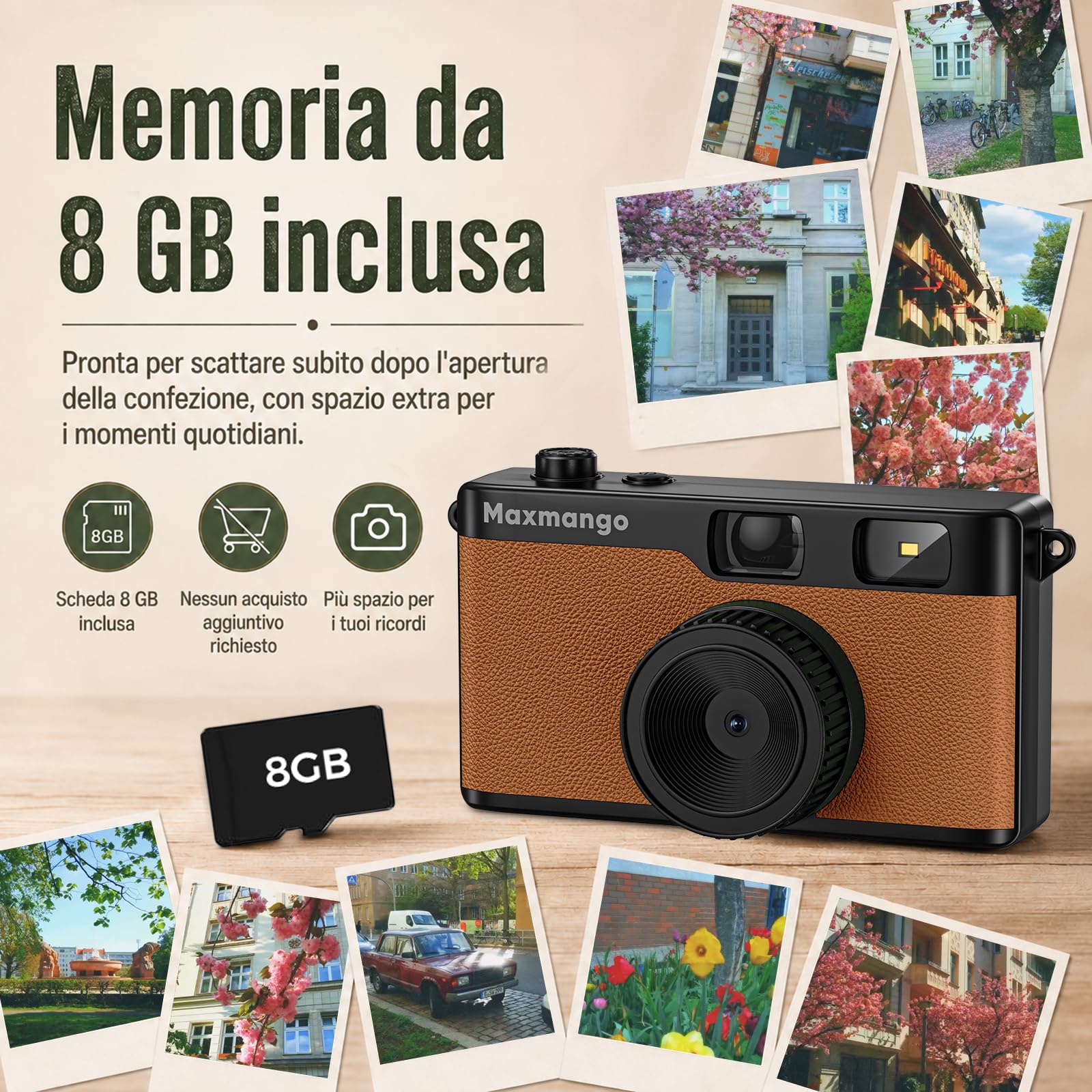 Maxmango D53 Fotocamera Digitale Compatta Senza Schermo, Fotocamera Vintage Retro 12 MP Catturare Momenti Reali, Filtri DIY Scaricabili, USB-C, Scheda SD da 8 GB Inclusa, Fino a 4000 Foto (Marrone)