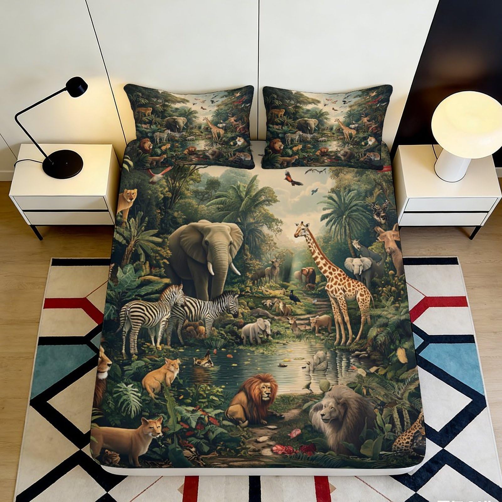 3D Printed Jungle Animal Fitted Sheet Microfiber Deep Pocket Bedroom Bedding Wildlife Mattress Fitted Cover Non-Slip Full Wrap Washable 120x200x25cm
