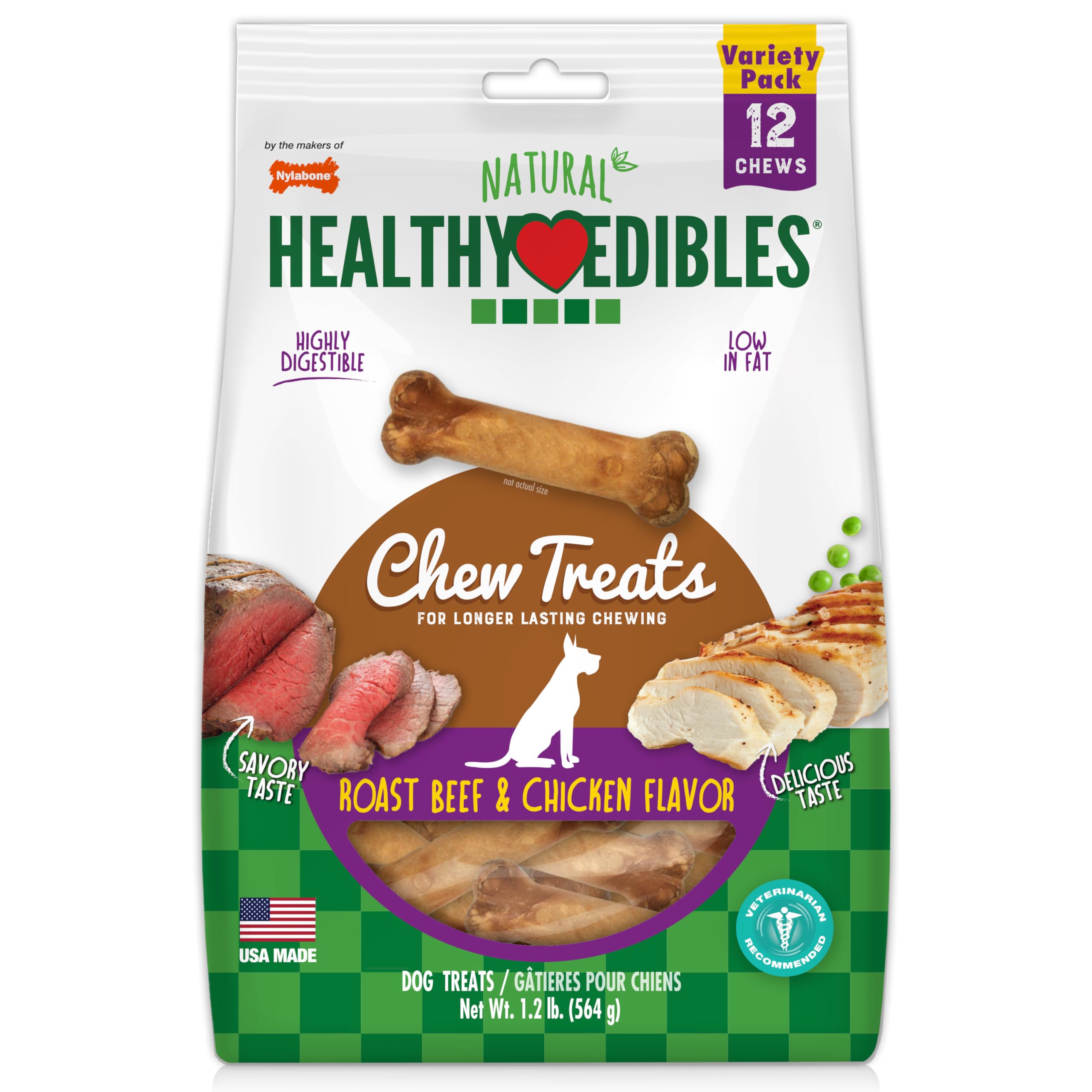 Nylabone Healthy Edibles Dog Treats, Roast Beef &amp; Chicken Flavor, 12 Count