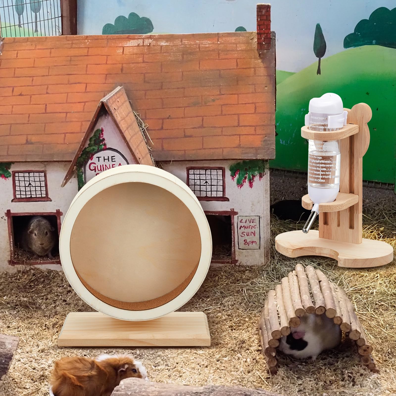 2 Pcs S, 7.9 Inch Wooden Hamster Wheels and Wood Hamster Water Bottle Set Guinea Pig Running Silent Exercise Wheels Small Animal Water Dispenser Stand Holder for Guinea Pig Gerbil - image 7