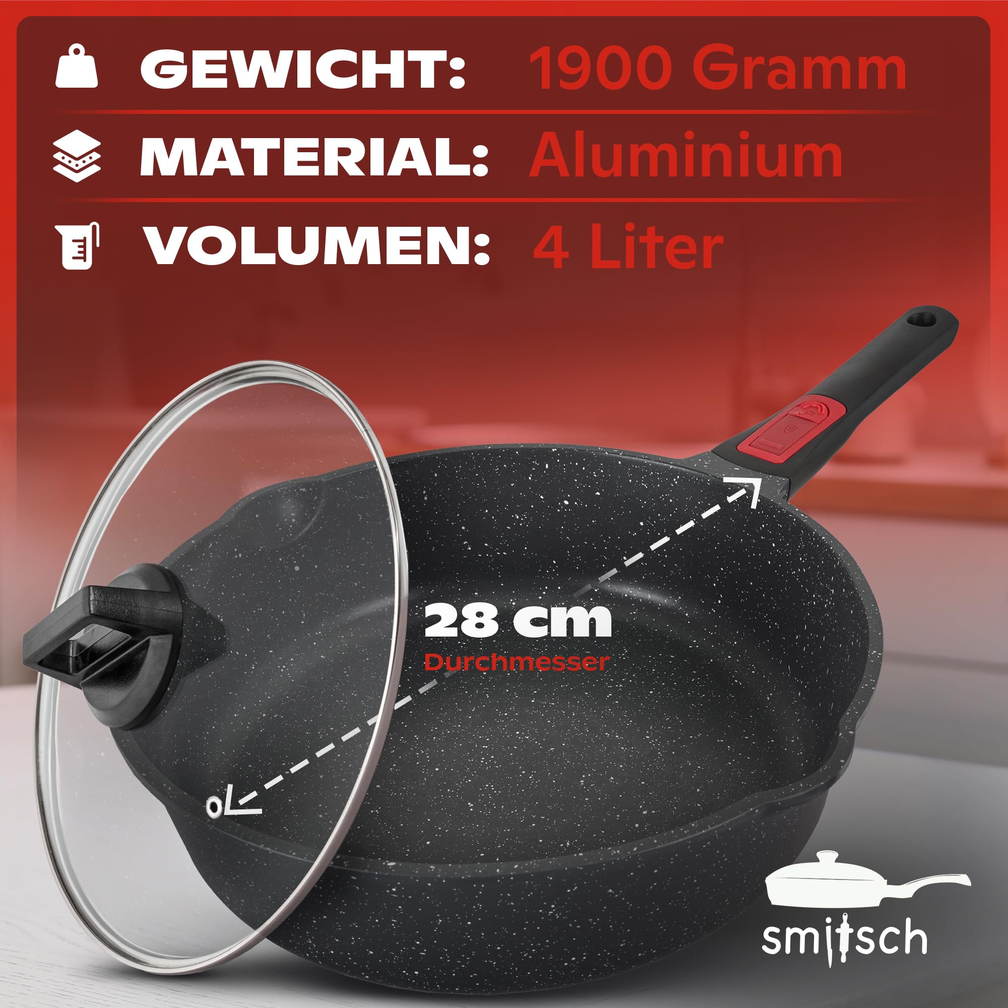 Bratpfanne 28 cm mit Deckel – Beschichtet, abnehmbarer Griff, spülmaschinenfeste,ofenfeste pfanne,pfannen induktion, pfanne 28 cm hoher rand, PFOA frei, Pan 28cm