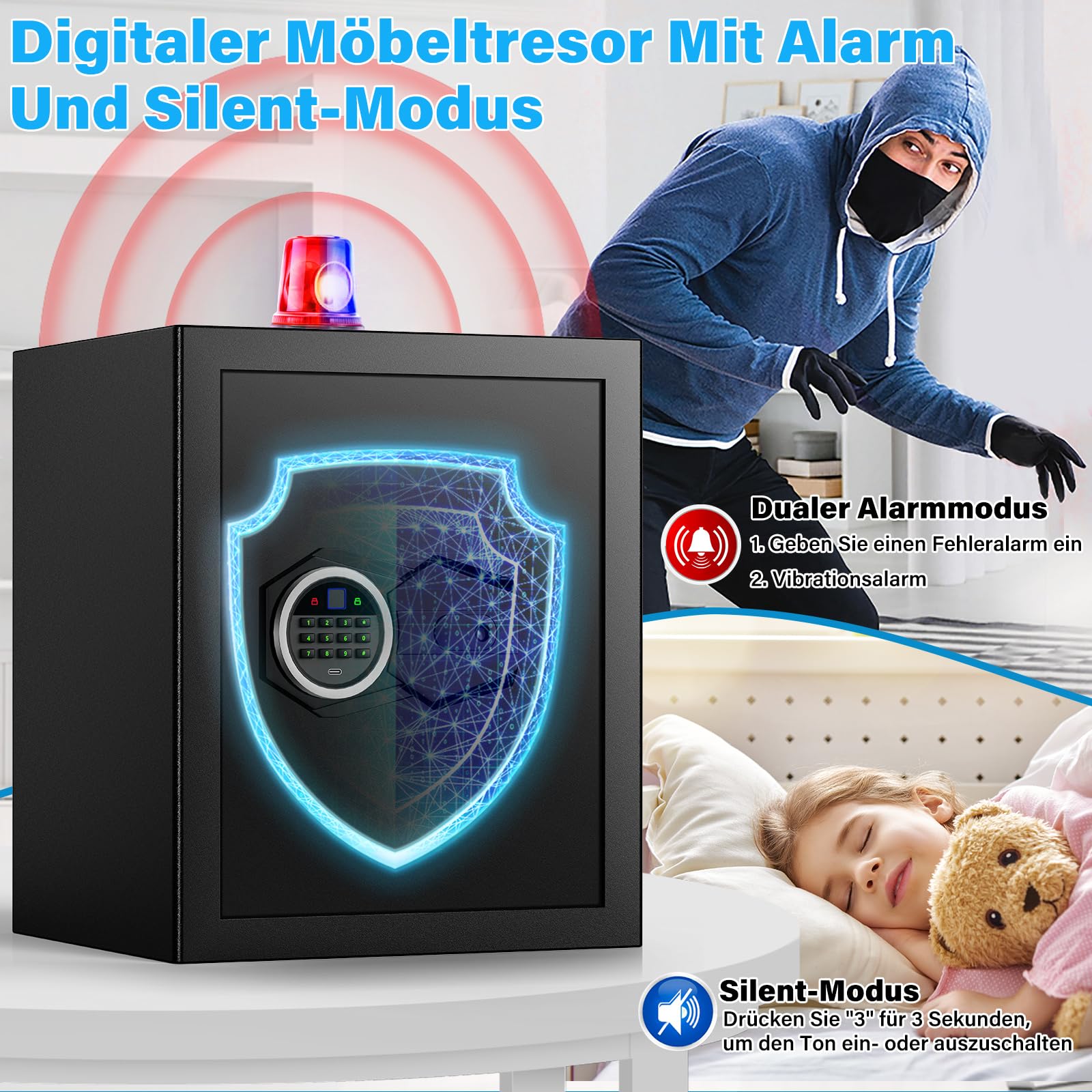 Mejasg 45L Cassaforte con impronta digitale con borsa ignifuga A4, cassaforte con impronta digitale per la casa con scaffale estraibile e sistema di allarme duale, cassaforte digitale per contanti