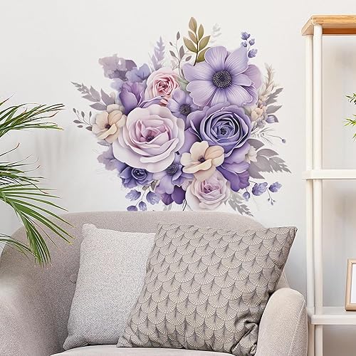 Miniatura 4 de sacinora - Calcomanías de pared de flores de margaritas y rosas moradas, calcomanías de pared de arte floral romántico en acuarela extraíble, vinilo