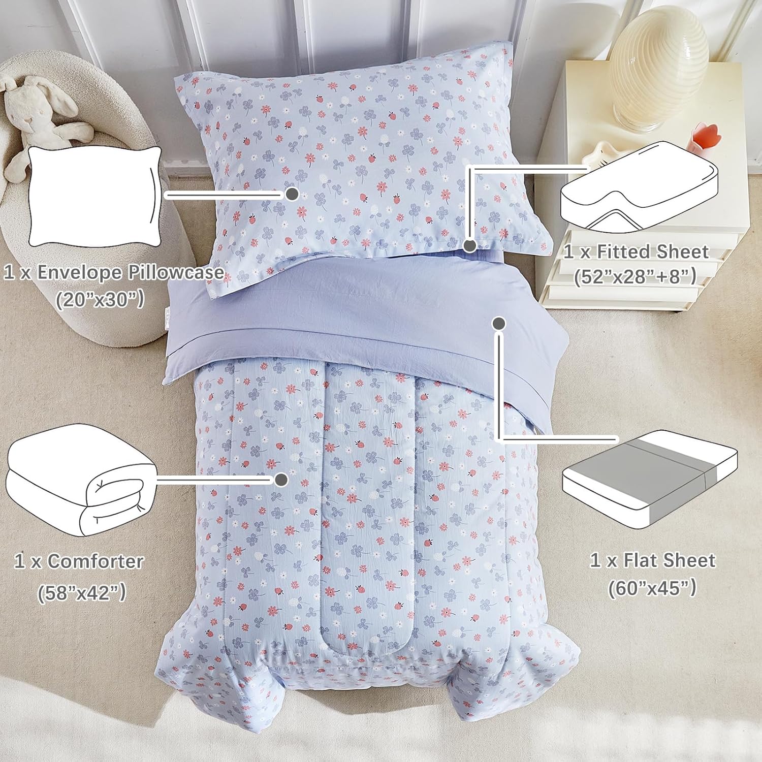 DuShow Toddler Bedding Set for Girls and Boys,4 Piece Bed-in-a-Bag Toddler Comforter Sets,Blue Floral Crib Bedding Sheets Set,Include Quilt Comforter,Flat Sheet,Fitted Sheet,Pillowcase