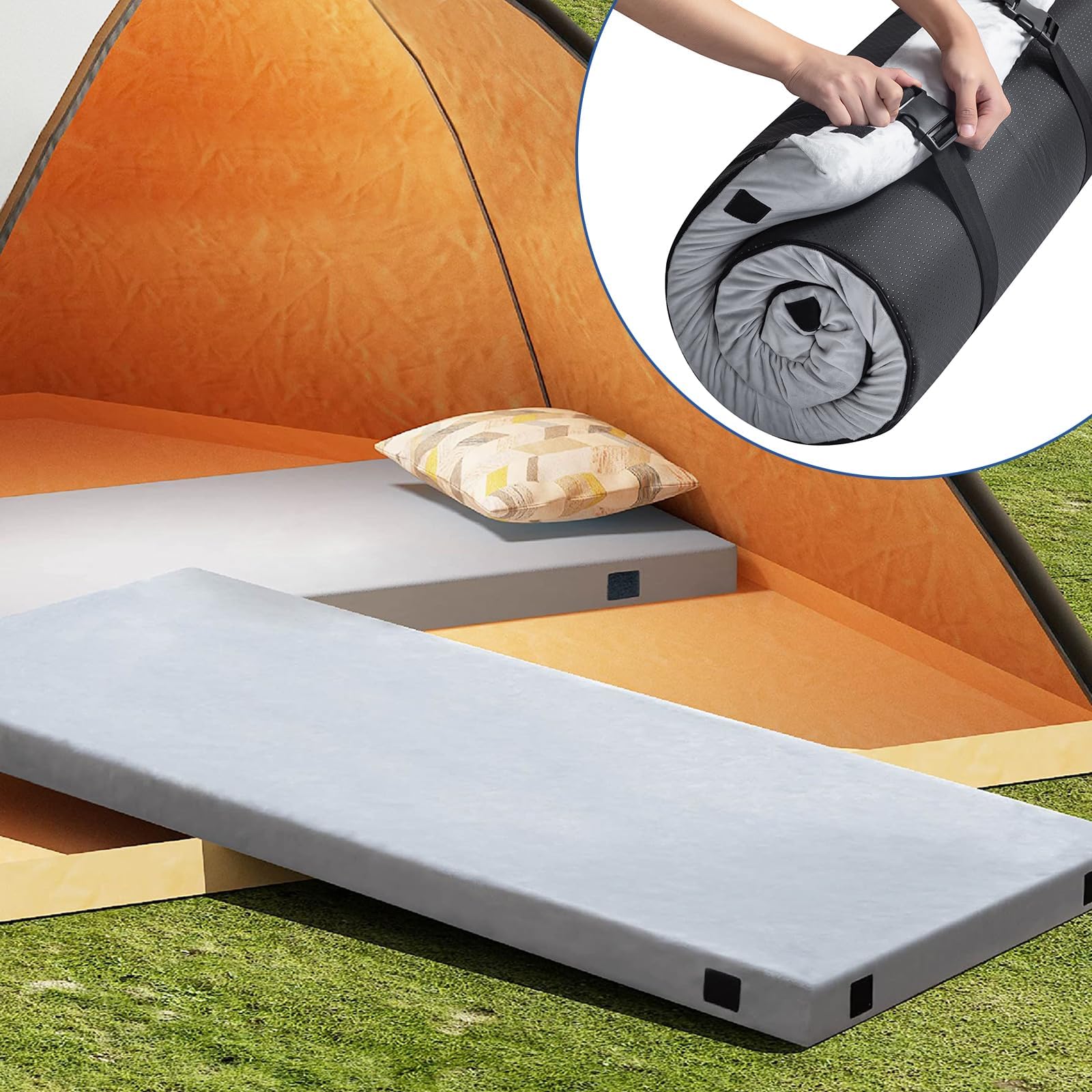 Memory Foam Camping Mattress,Portable Roll Up Sleeping Pad with Removable Waterproof Cover Travel Bag,Sleeping Mats for Car Indoor Outdoor Travel,CertiPUR-US Certified, Made in USA,Single 75