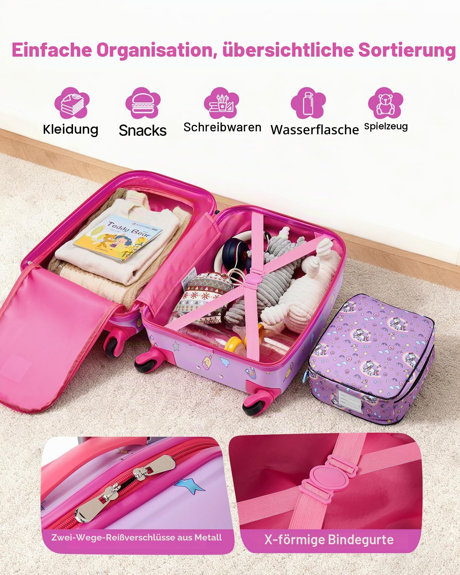 VEVOR 5 TLG. Kinderkoffer Set, 457,2 mm, Hartschalenkoffer mit Kindertrolley, Rucksack, Nackenkissen, Lunchbox & Kofferanhänge, Kofferset fürJungen & Mädchen, praktisch für Reisen Fliegen (Einhorn)