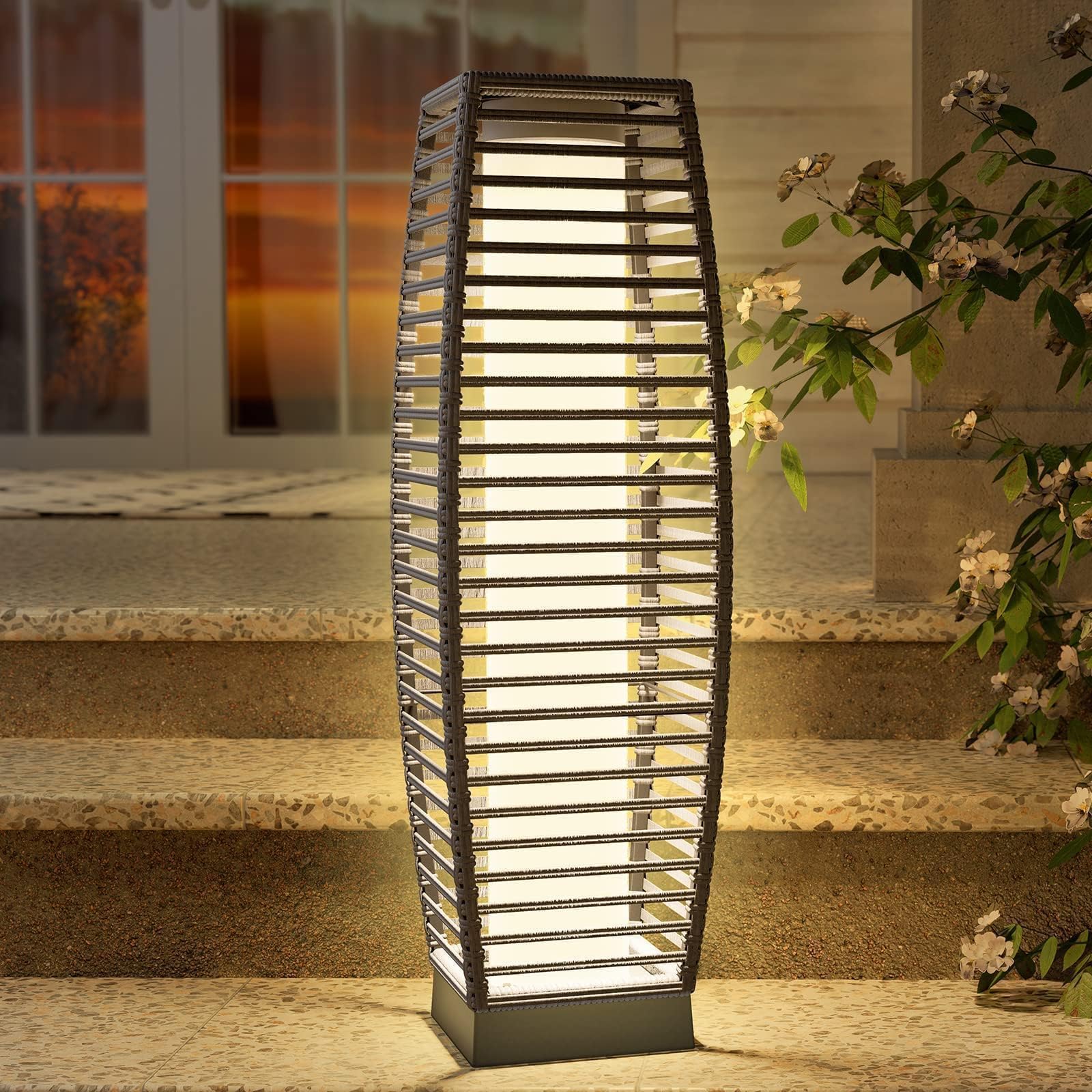 Grand patio Outdoor Floor Lamp Solar-Powered Wicker Light Backyard Decoration Lantern for Garden Porch-Medium Crossover, Black