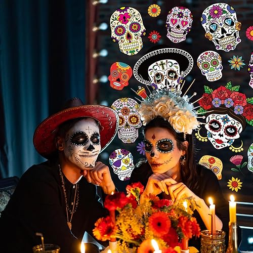 Miniatura 4 de Whaline 9 hojas de calcomanías para ventana con diseño de calavera de azúcar de doble cara para Halloween, patrones de flores coloridas, calcomanías