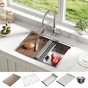 GarveeHome Undermount Kitchen Sink, 23x18 Inch Stainless Steel Kitchen- Single Bowl Sinks, Modern Top Mount 16 Gauge Workstation Sink-with Accessories for Bar, Silver (Not Included Faucet)