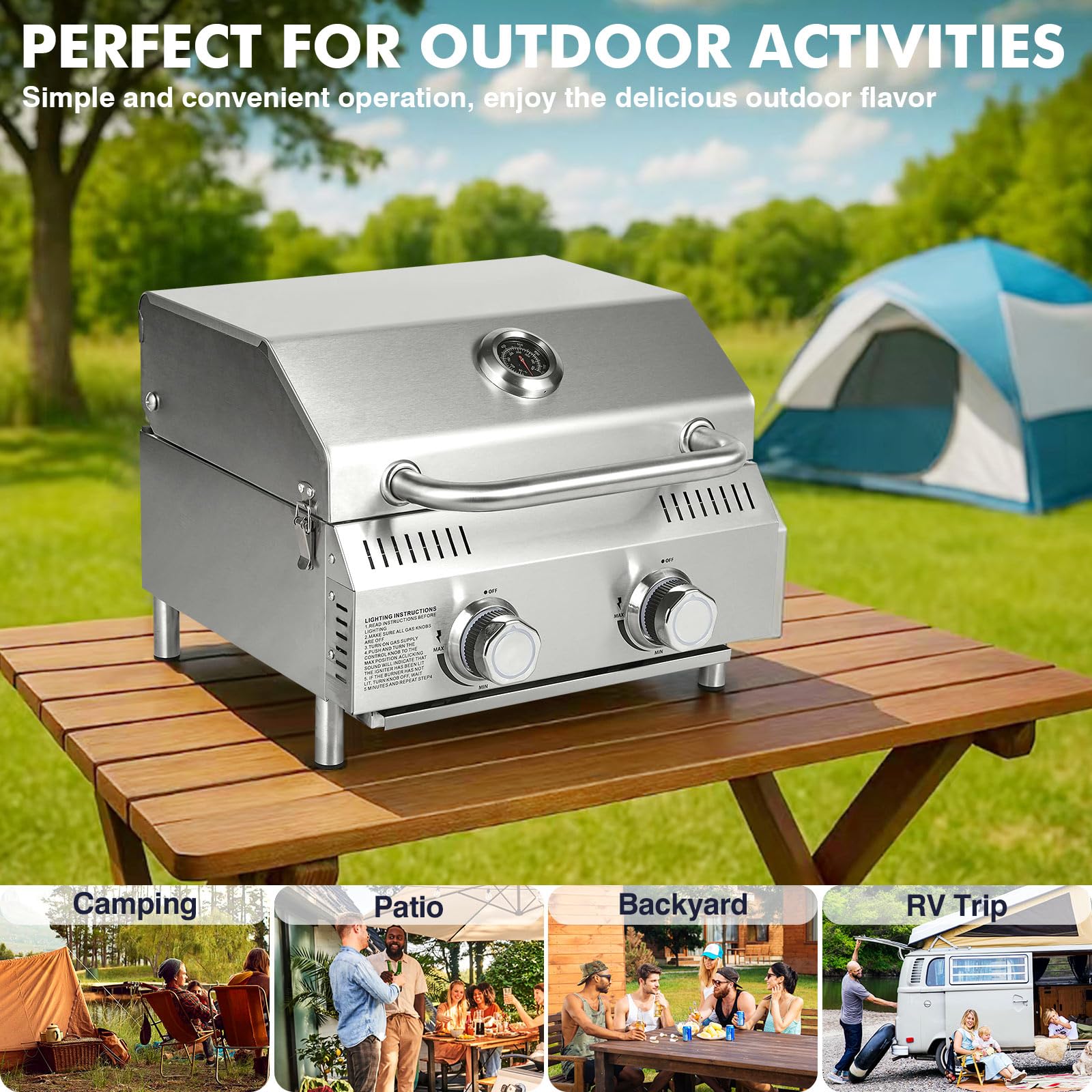 Llamaviva - Parrilla de gas de mesa de 2 quemadores, parrilla de propano portátil de acero inoxidable de 20,000 BTU con patas para portón trasero, patio al aire libre, campamento y viajes de caravana