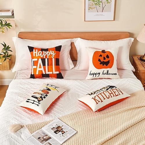 Miniatura 6 de Alysheer Funda de almohada decorativa de otoño con bordado de Halloween, 12 x 20 pulgadas, funda de cojín de lona de algodón bordada naranja con