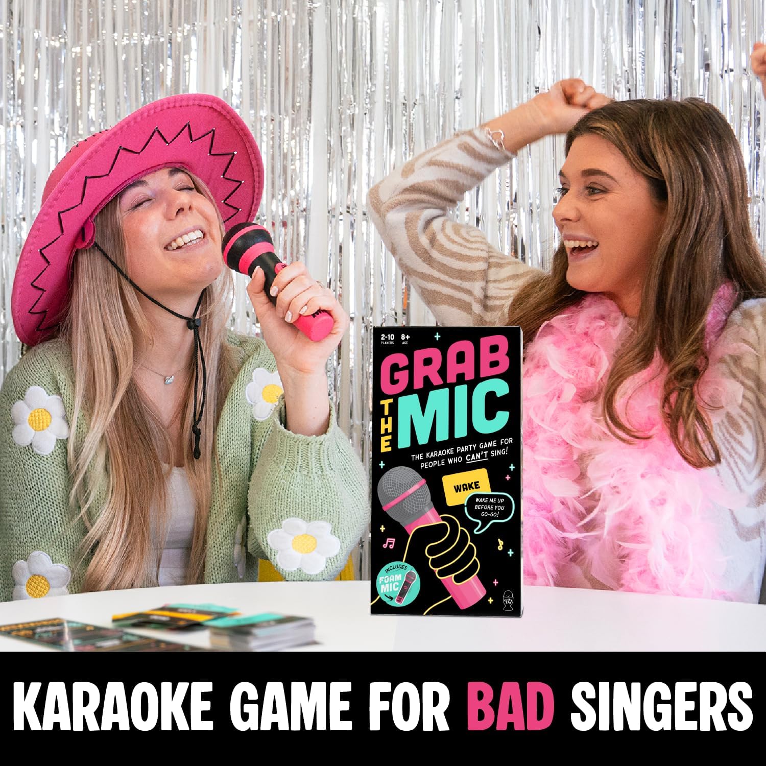 Lucky Egg Official Grab The Mic – Family Karaoke Board Game w/Foam Mic, 8+ Ages, 2-10 Players - Games for Bad Singers w/ 240 Lyrics (120 Cards) Second Edition