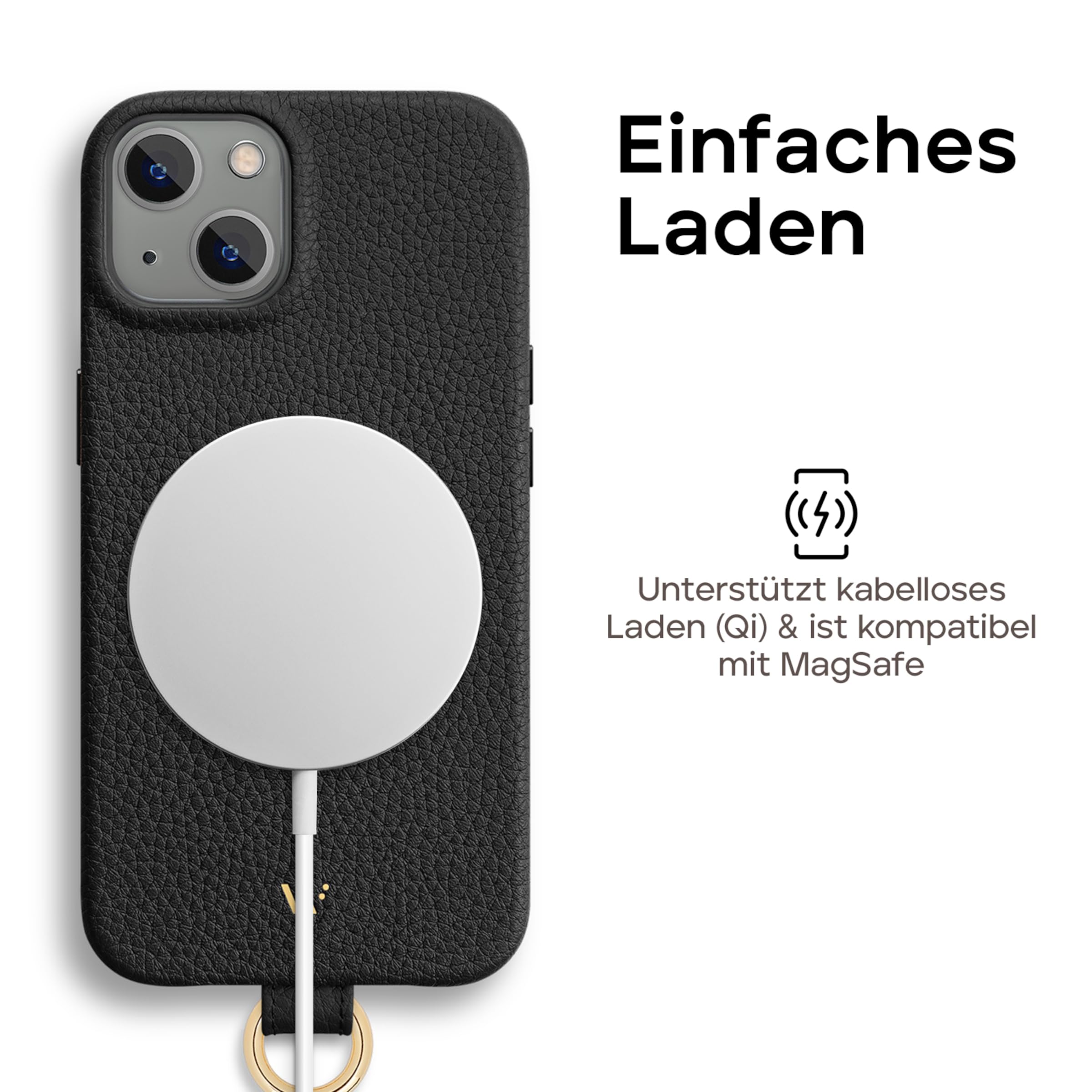 WIIUKA Hülle für iPhone 15, Leder aus Deutschland, Lederhülle Handykette, Premium Handyhülle, Case, Kette Band Umhängen, Schwarz