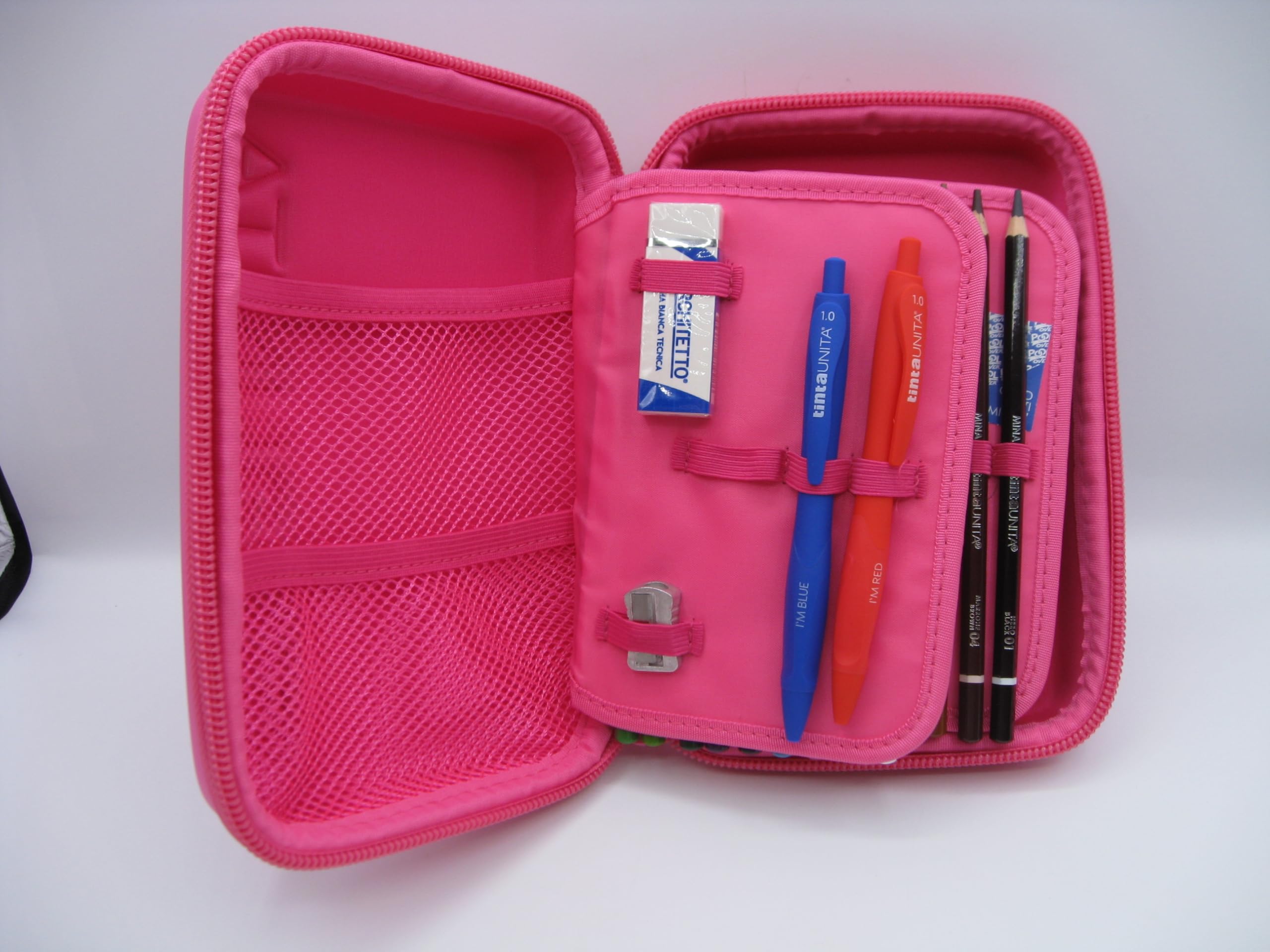 Trousse de couleur Untia ONE TIME complète à 3 compartiments 1 zip - New 2025/2026, fuchsia, Trousse scolaire