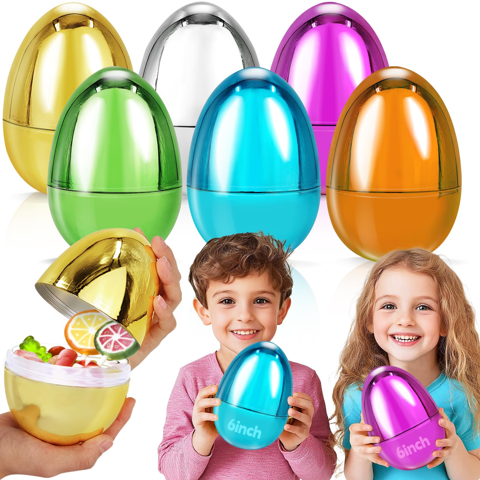 TURNMEON 6 Pack 6" Large Metallic 6 Color Easter Eggs Plastic Empty Eggs Fillable for Easter Hunt, Easter Basket Stuffers Filler Filling Treats, Easter Party Favor, Kids Classroom Prize Supplies Game