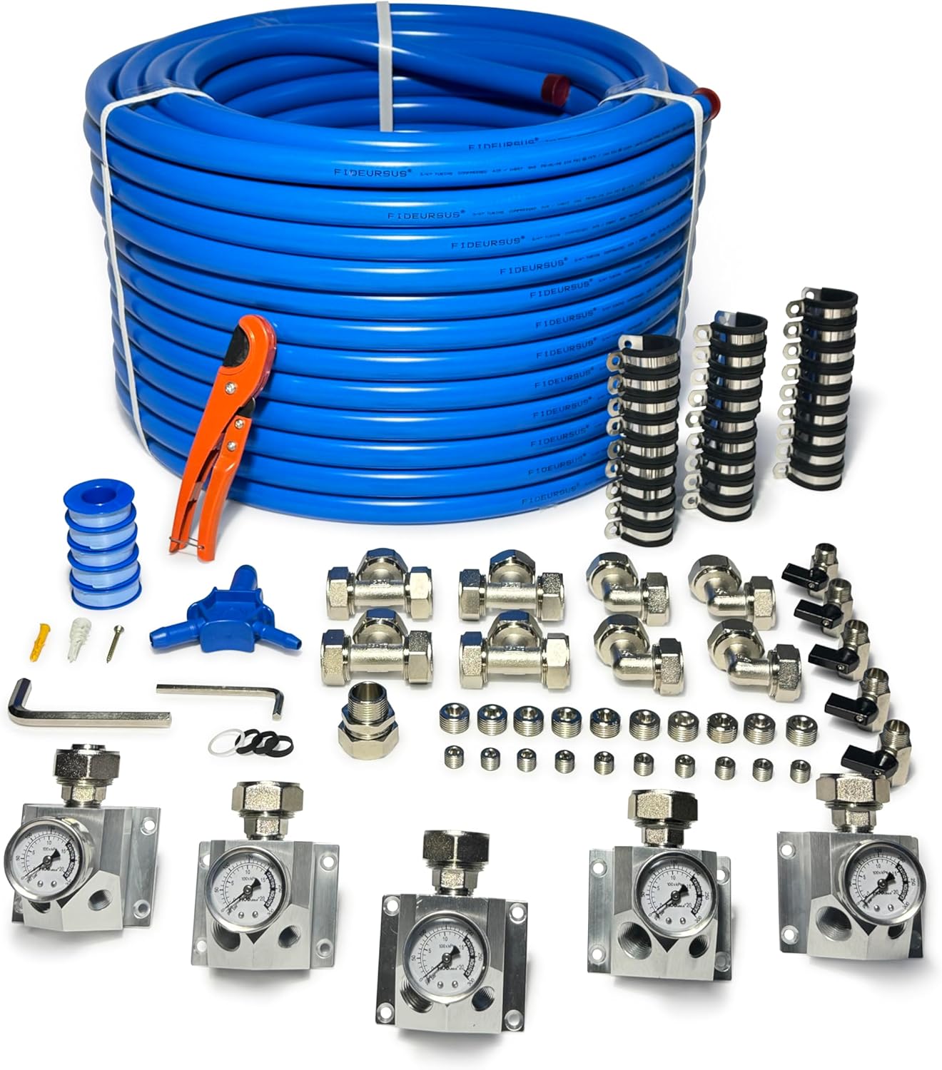 Compressed Air Piping System with 3/4 Inch ID x 200 feet 5-Way Multi-Outlet Aluminum Manifolds with Indivdual Pressure Gauge HDPE Tubing Shop Air Line Kit, Air Compressor Line Kit | 200 PSI | 9120G 200ft