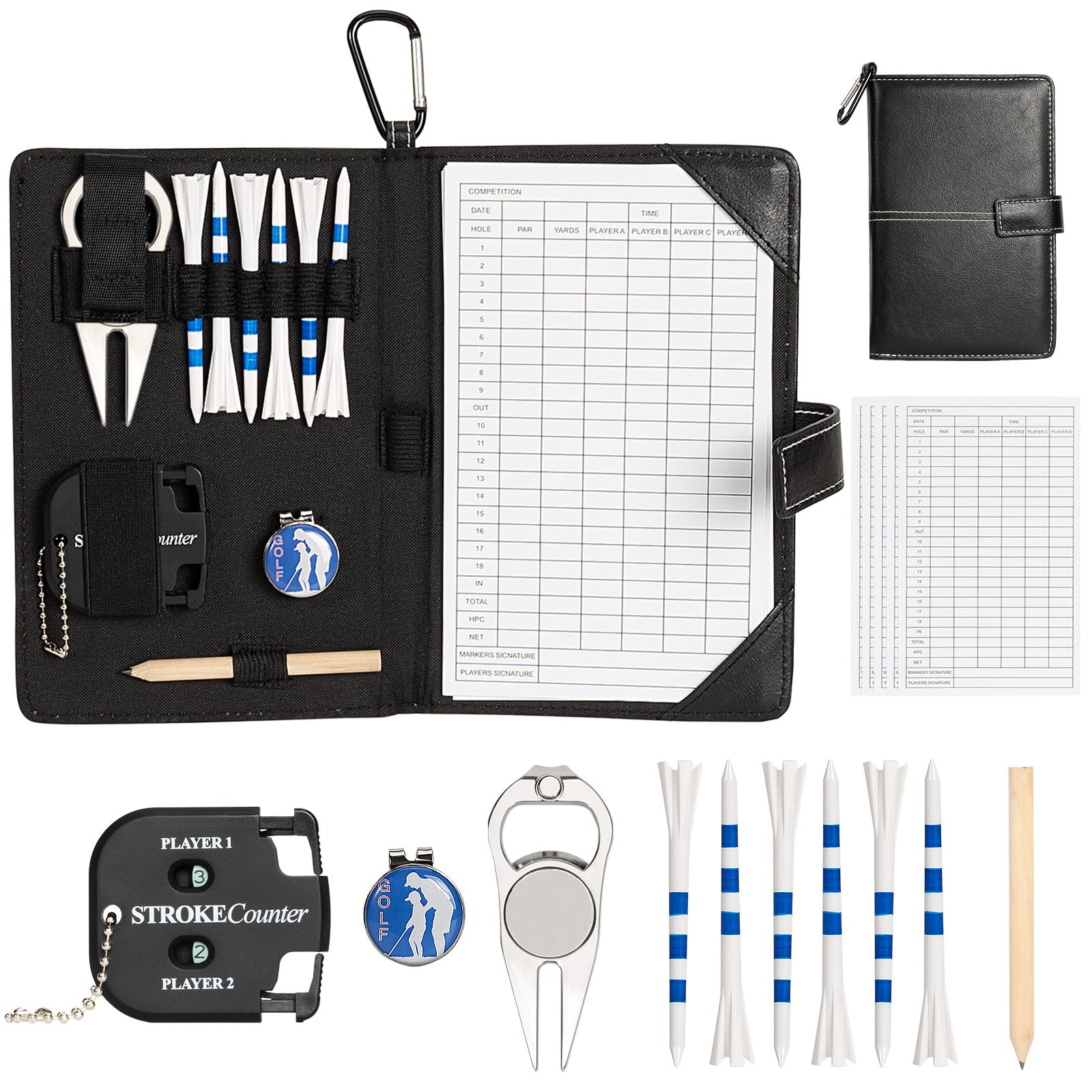 Golf Scorecard Holder & Accessories Set with Carabiner Clip, Leather Portable Golf Score Card holder with Scorecards, Golf Tees, Divot Repair Tool, Score Counter, Pencil, Gift for Men Women Golfers