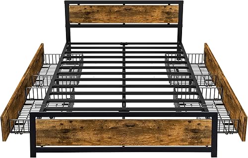 Miniatura 3 de Base de cama con 4 cajones, plataforma de metal resistente con cabecera y estribo, 9 patas de apoyo resistentes, no necesita somier, antideslizante,