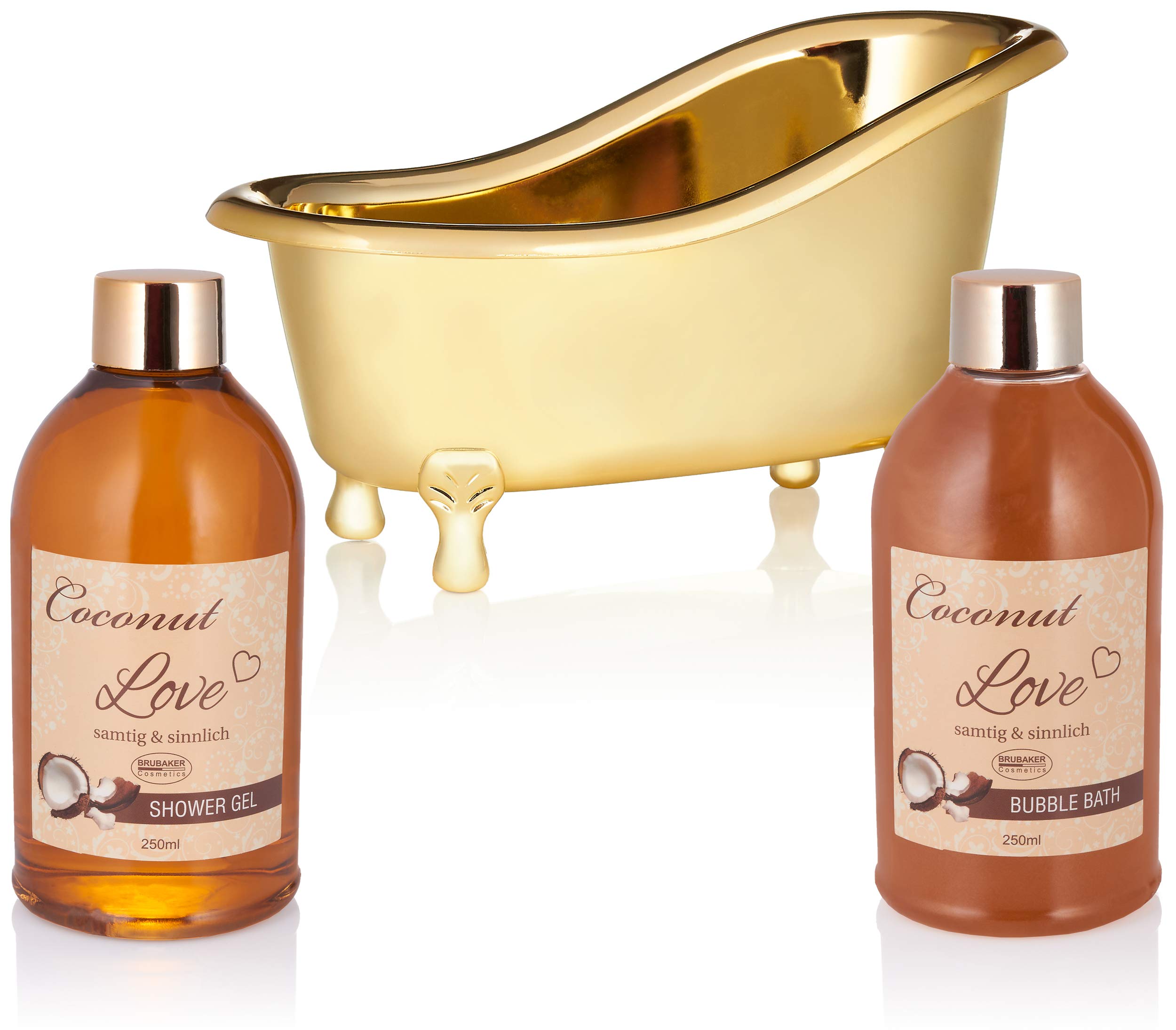 BRUBAKER set da bagno 'Coconut Love' presentato in una mini vasca da bagno color oro, 6 pezzi