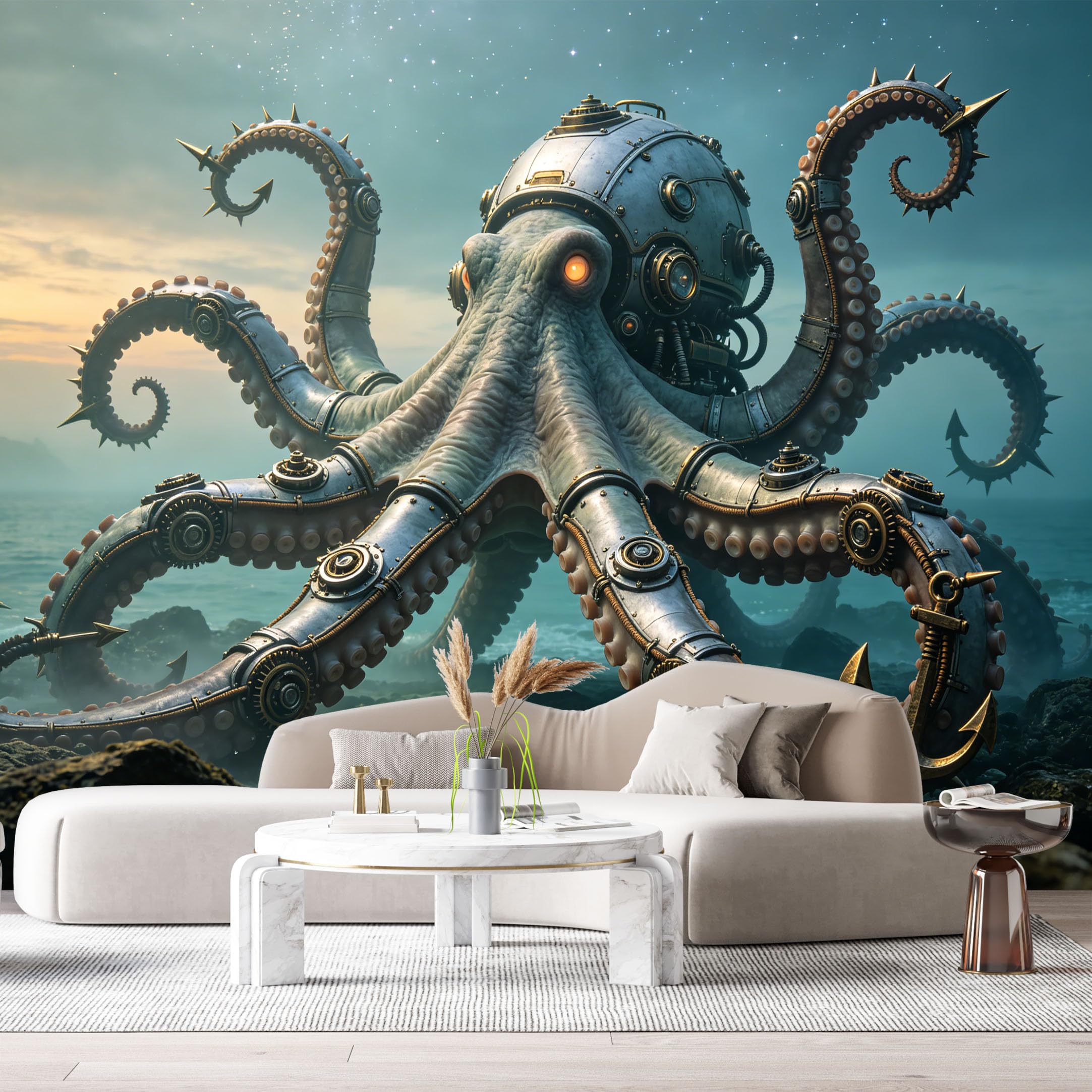 Custom Size Wall Mural Steampunk Mechanical Octopus Industrial Robot Ocean SciFi Creature Textured SelfAdhesive Art Prints Removable Large Wallpaper Esports Room Game Room Tenant Room Studio