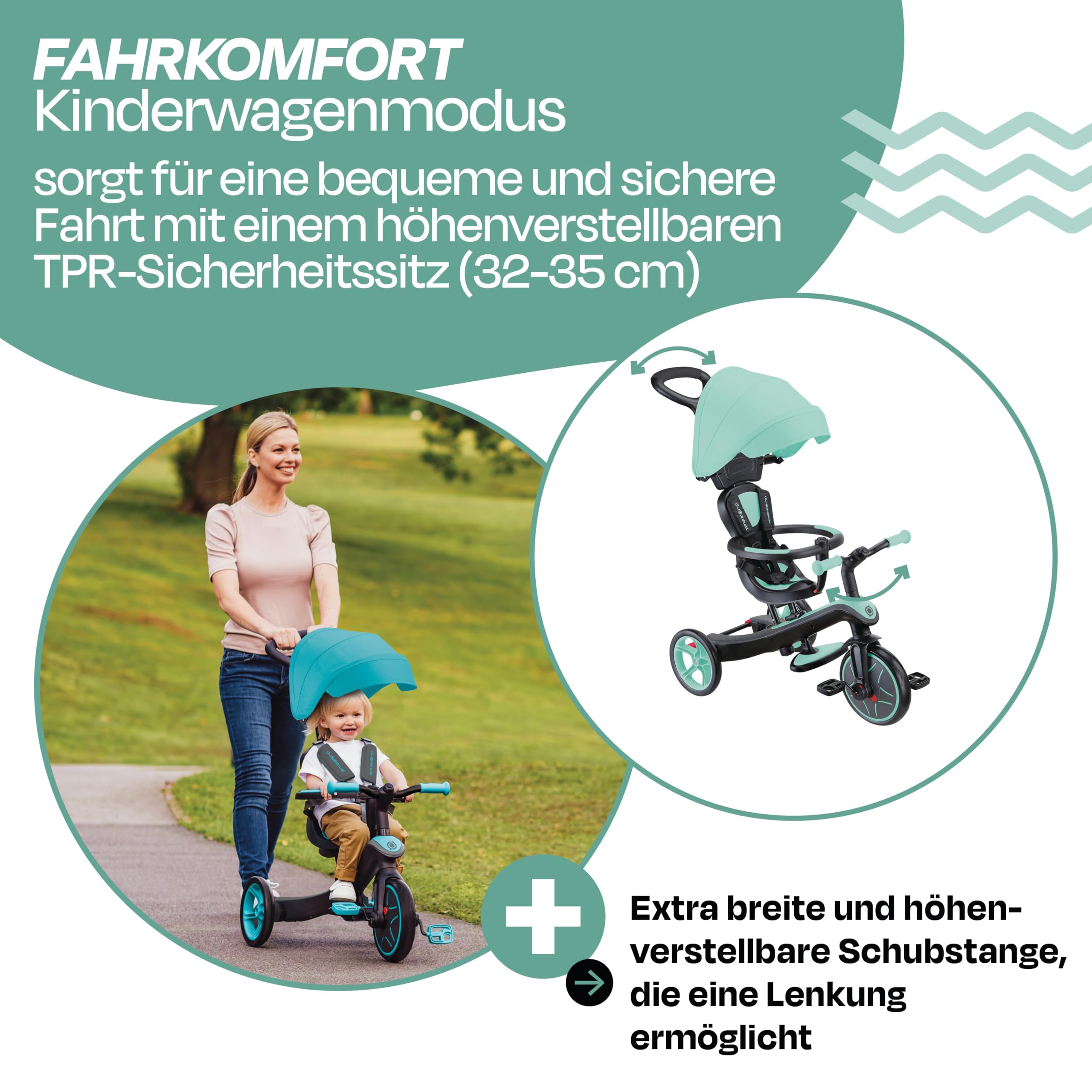 GLOBBER Explorer Trike 4in1 Pro in Mint – Dreirad, Laufrad und Kinderwagen in 10/8,5 Zoll – TPR-Sitz – höhenverstellbares Kinderfahrzeug