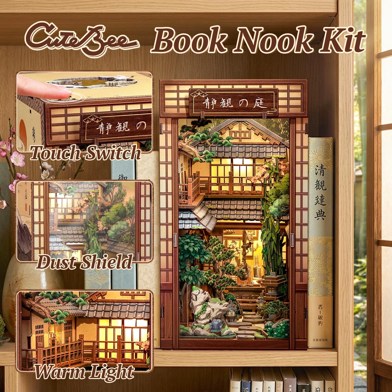 CUTEBEE Book Nook Kit - Puppenhaus Bausatz für Erwachsene, Japanisches Miniaturhaus mit LED Beleuchtung, Regal Dekoration, Einzigartiges Geschenk (Serene Courtyard)