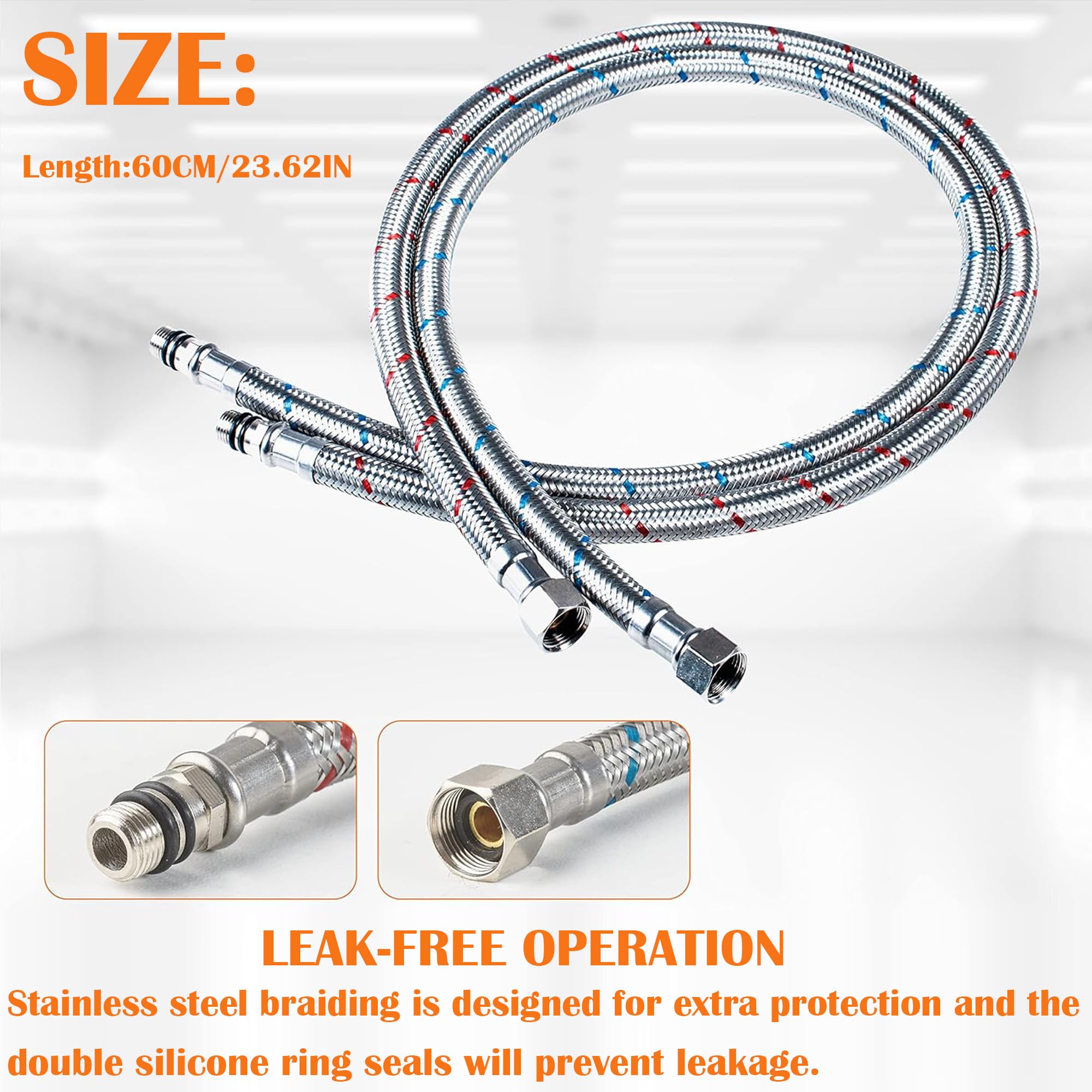 Flexschlauch 3/8 Zoll – 2 Stück Edelstahl-Panzerschlauch G3/8 X M10, 60 Cm Verlängerung Für Wasserhahn, Küche & Bad (rot+blau)