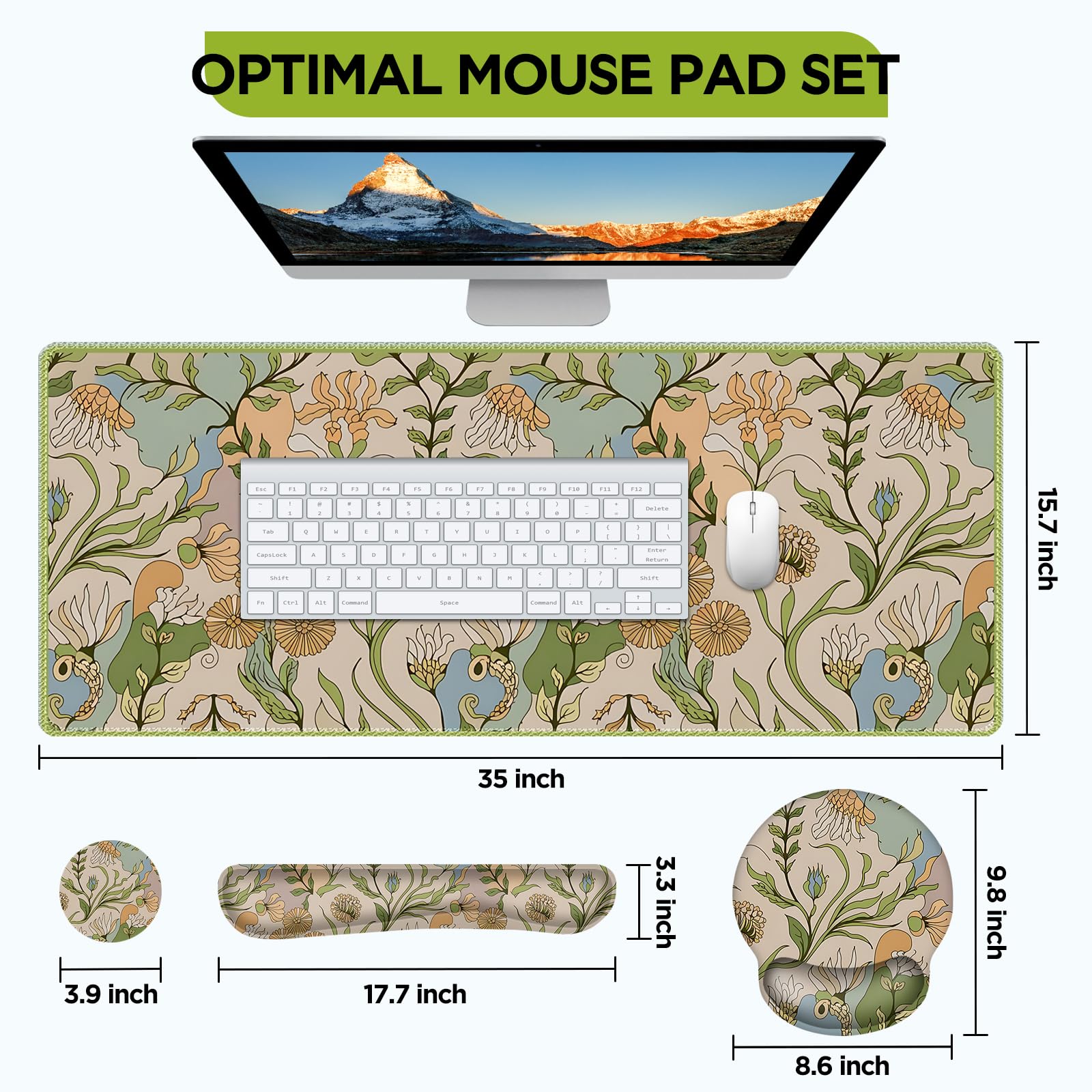 AIMSA Grand tapis de souris ergonomique avec repose-poignet, tapis de souris de jeu avec support de poignet, tapis de clavier combo accessoires de décoration de bureau, plantes abstraites à fleurs