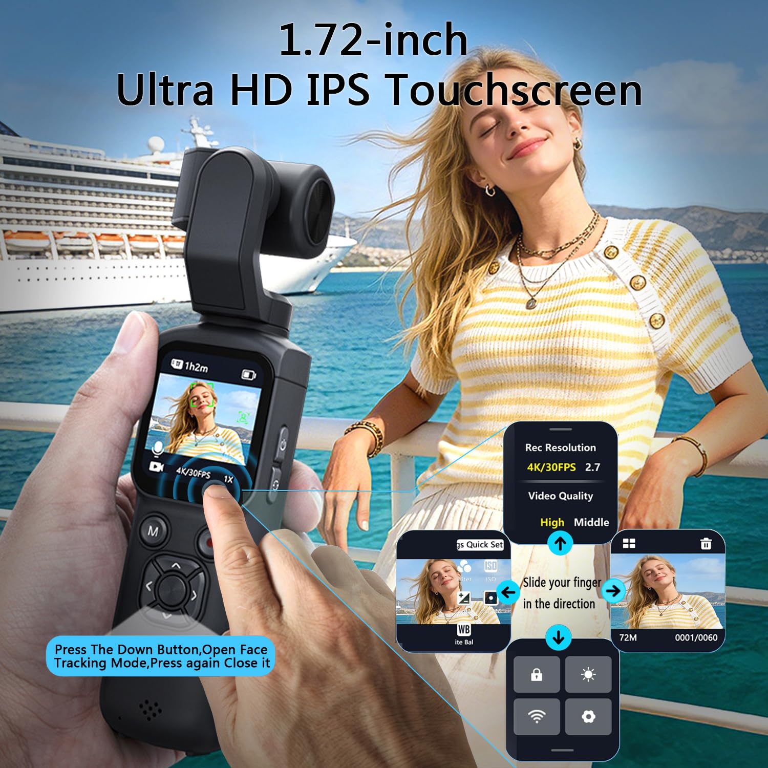 Fotocamera 4K Vlogging con obiettivo rotante a 330° e tracciamento facciale, fotocamera digitale tascabile portatile per YouTube TikTok con WiFi, include scheda da 16 GB, treppiede e borsa per