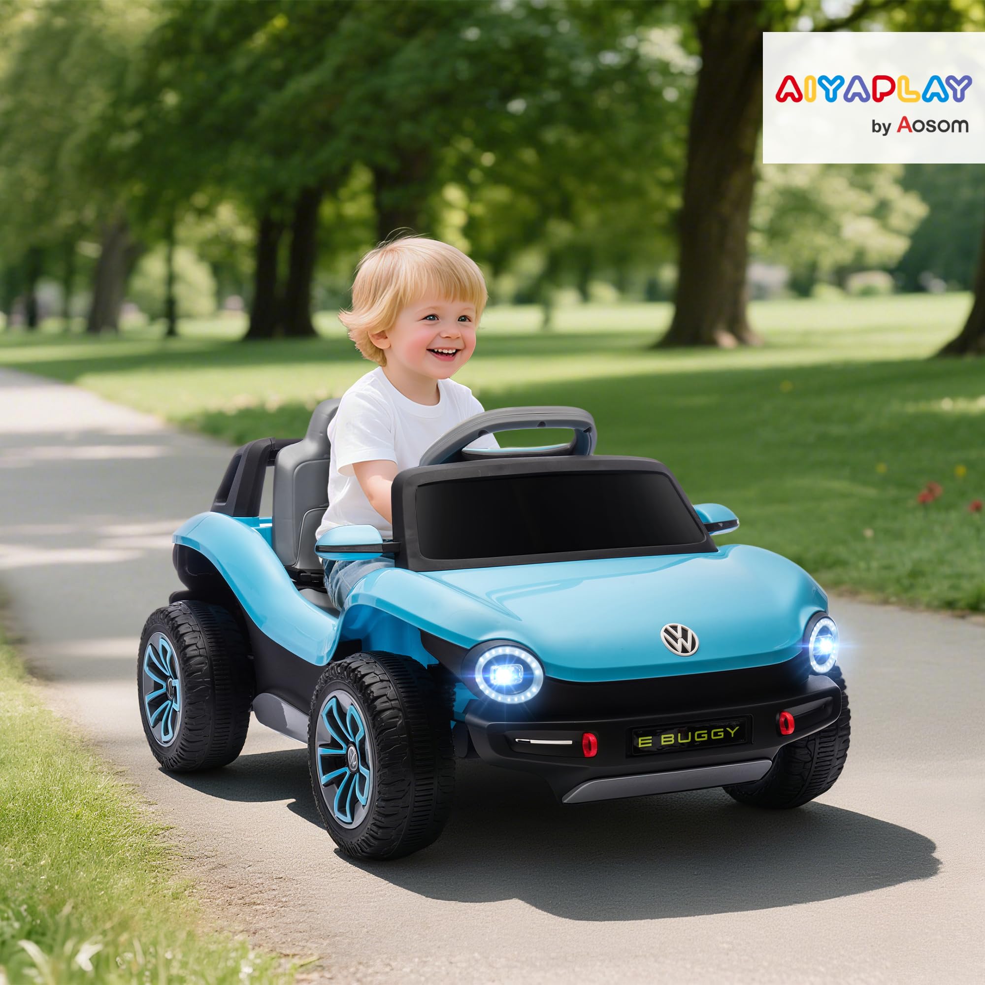 AIYAPLAY Coche Eléctrico para Niños de +3 Años, Volkswagen E-Buggy, Coche de Batería 12V, con Mando a Distancia 2,4 G, Ruedas con Suspensión, Faros LED, Música, USB, Motor Doble, Azul