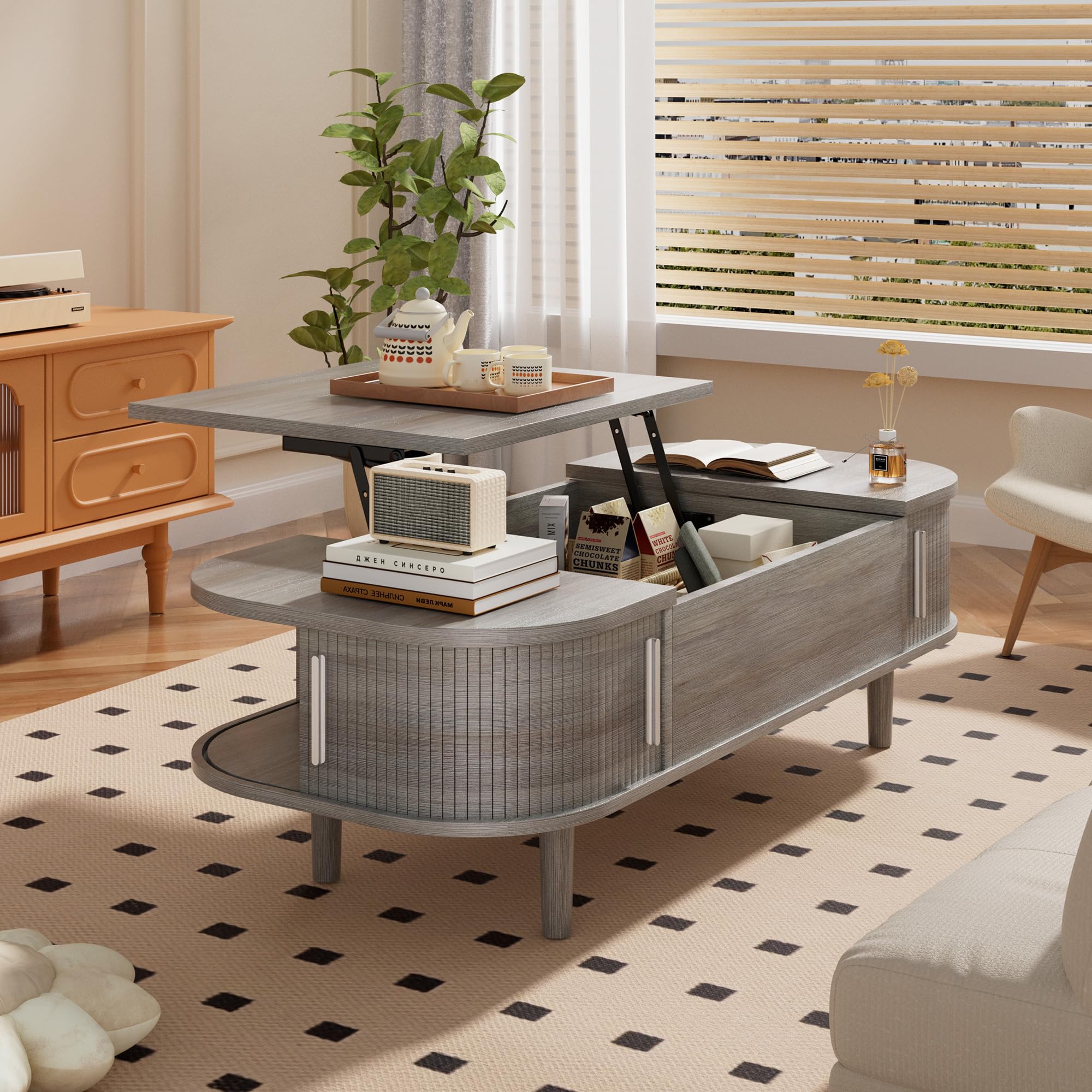Couchtisch mit Hebeplatte – Moderner Holztisch mit Einzigartiger Textur & Verstecktem Stauraum, Kaffeetisch für Wohnzimmer, Schlafzimmer, Kleine Räume, Home Office
