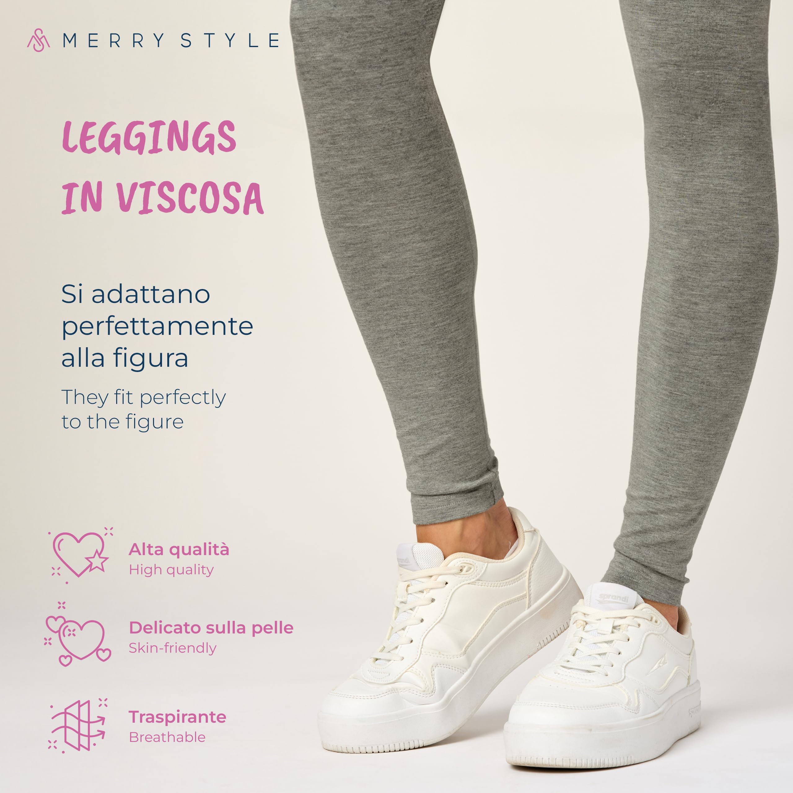 Merry Style Leggings Lunghi Donna in Viscosa con Elastan Ampia Pantaloni Donna Banda Elastica Leggins Donna per Casa Palestra Tempo Libero MS10-143
