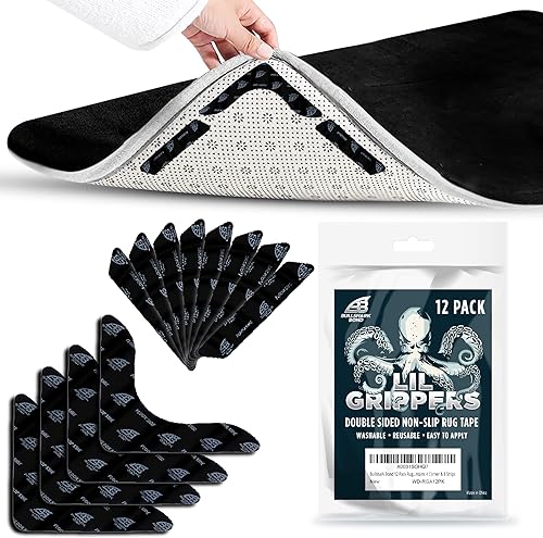 Bullshark Bond Paquete de 12 almohadillas antideslizantes de doble cara para alfombras para suelos de madera dura y azulejos, tapones adhesivos de