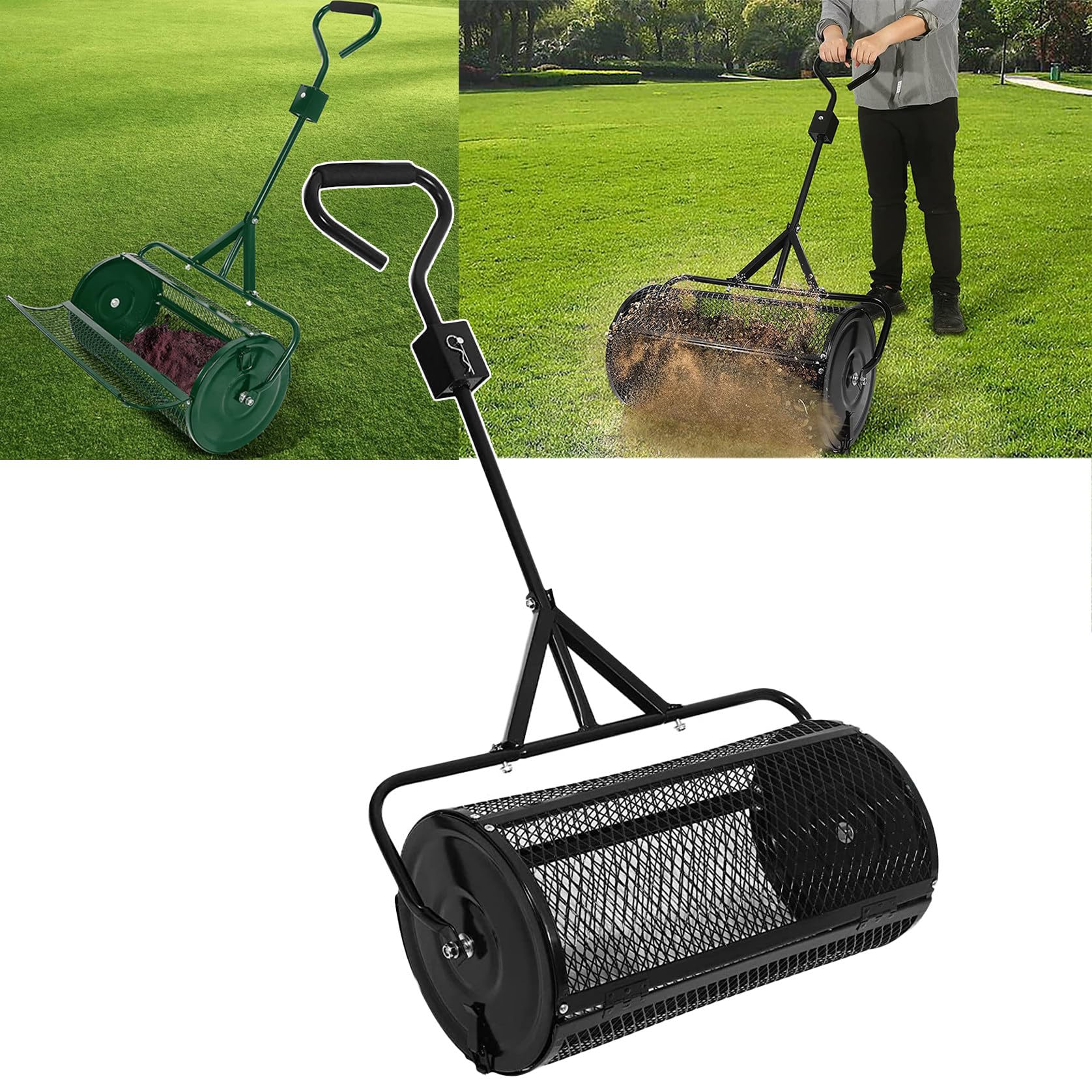 24 Inch Peat Moss Manure Spreader, Heavy Duty Metal Mesh Basket Push, Compost Spreader, For Planting Seeding,Lawn & Garden Care, Walk,Black