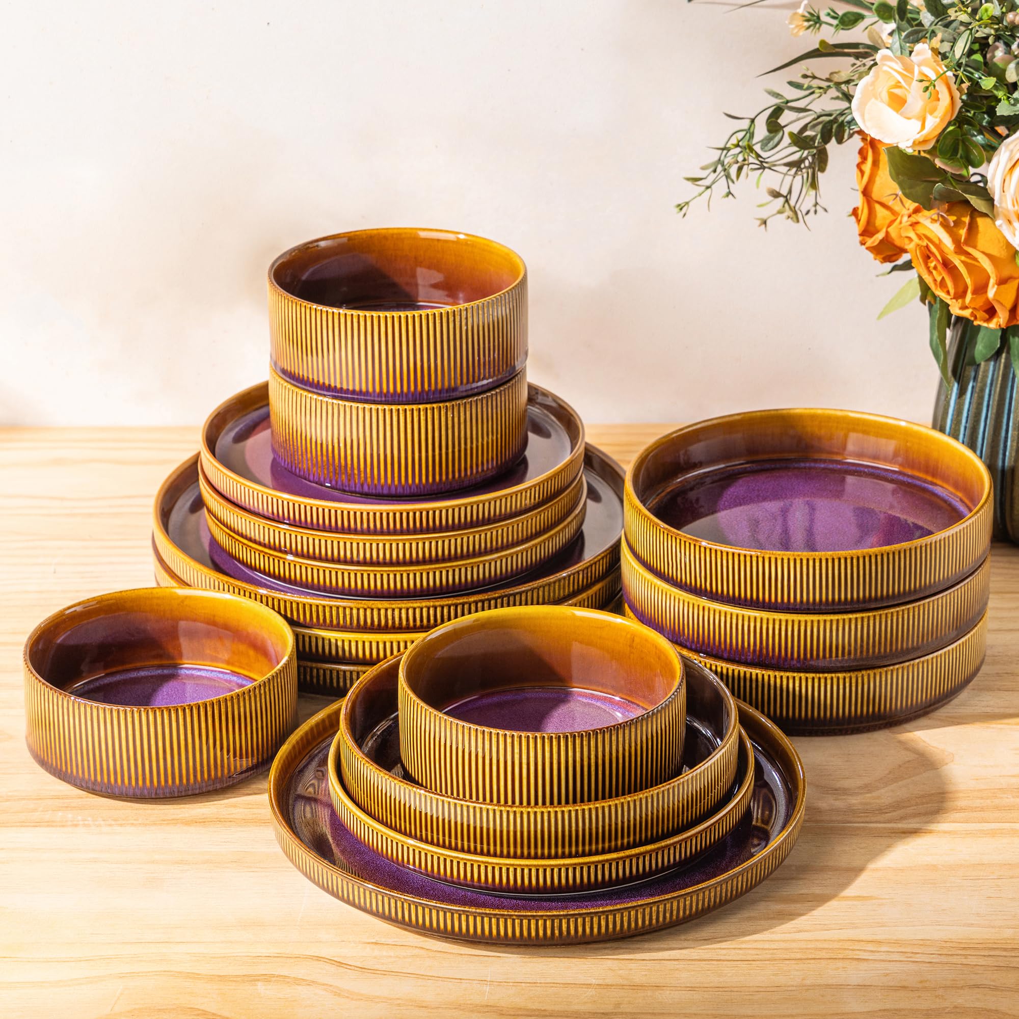 TheTerra Ceramic Dinnerware Set for 4, 16-Piece Plates and Bowls Set