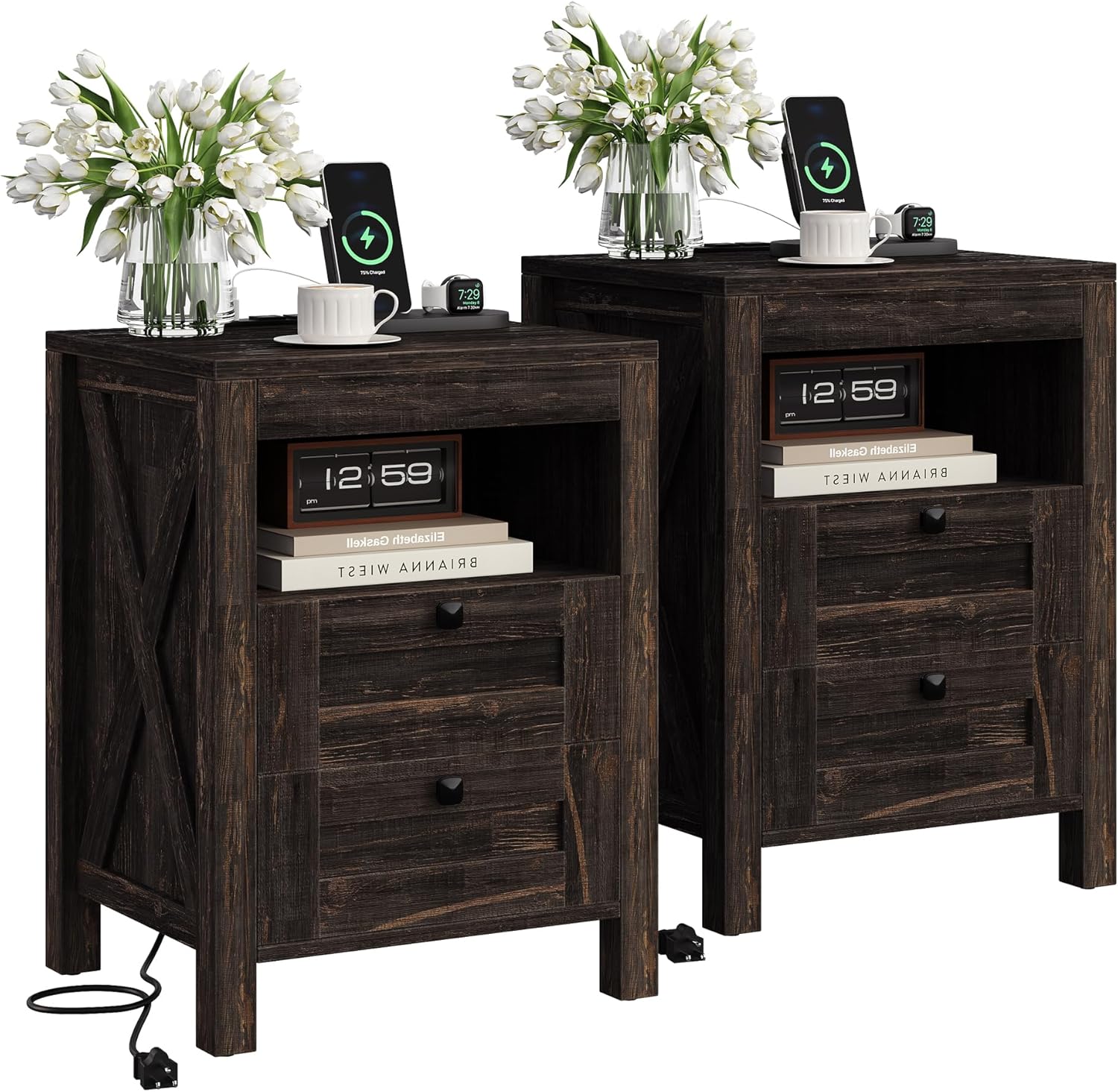 Luoxiao Nightstand Set of 2 with Charging Station, End Table, 18" Farmhouse Side Table with 2 Storage Drawers, Rustic Wooden Sofa Table, Bedside Cabinet for Living Room, Bedroom Oak Rustic