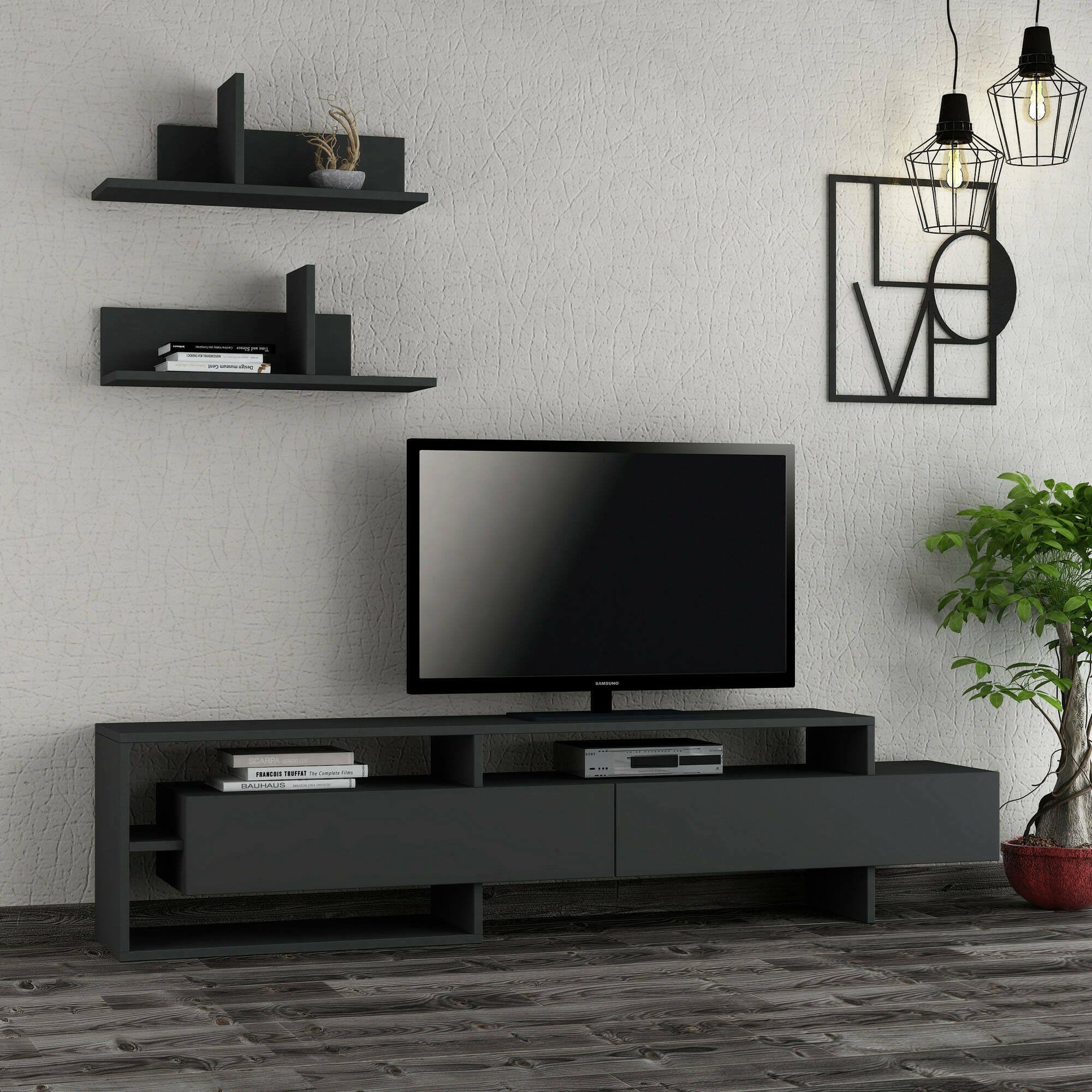 Dmora - Parete attrezzata Eudora, Composizione Soggiorno, Mobile Salotto Multiuso, Armadio Porta TV, 180x32 h42 cm, Antracite