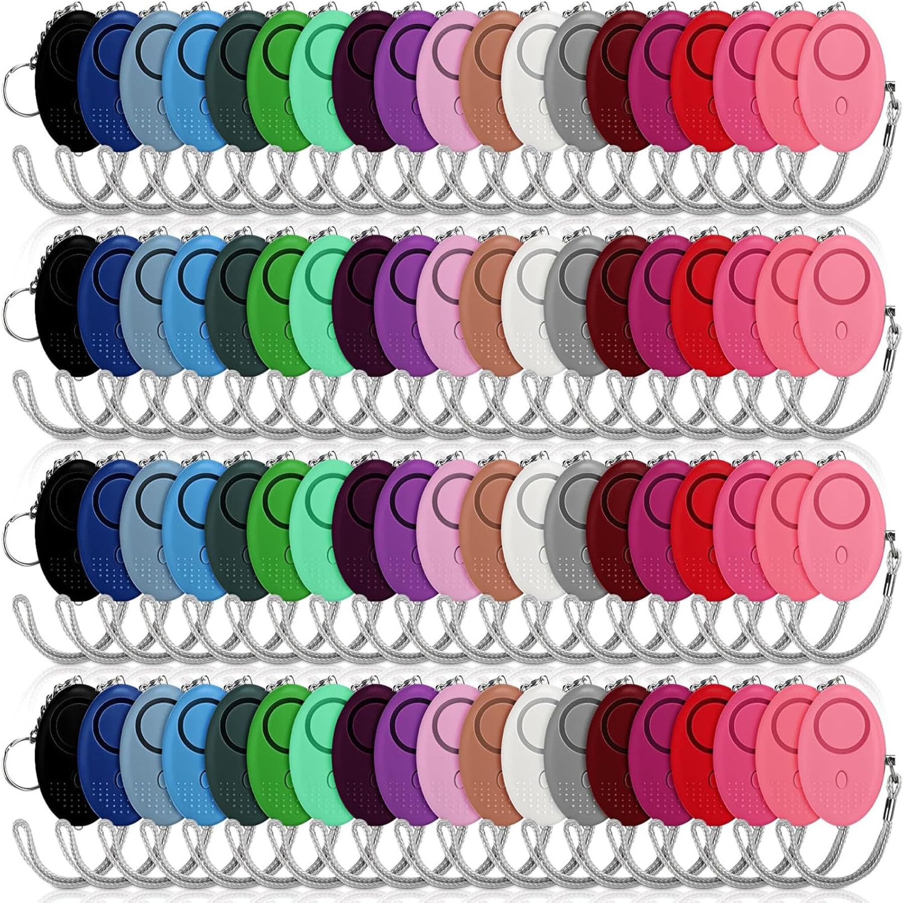 Llavero de alarma de seguridad personal con luz LED, alerta de seguridad de emergencia de 130 dB, paquete de 76 en 19 colores mezclados, protección portátil para mujeres, niñas, niños, ancianos