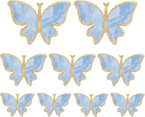 Miniatura 3 de Cyodoos Paquete de 30 adornos de mariposa 3D de color cian con borde dorado, tamaño mixto para cupcakes para niñas y mujeres, feliz cumpleaños,