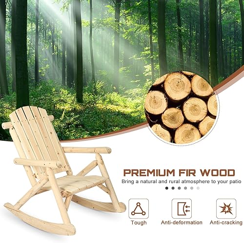 Miniatura 6 de HOMEDIARY Silla mecedora Adirondack de madera, silla mecedora de troncos para patio al aire libre con diseño de madera de rejillas, respaldo alto en